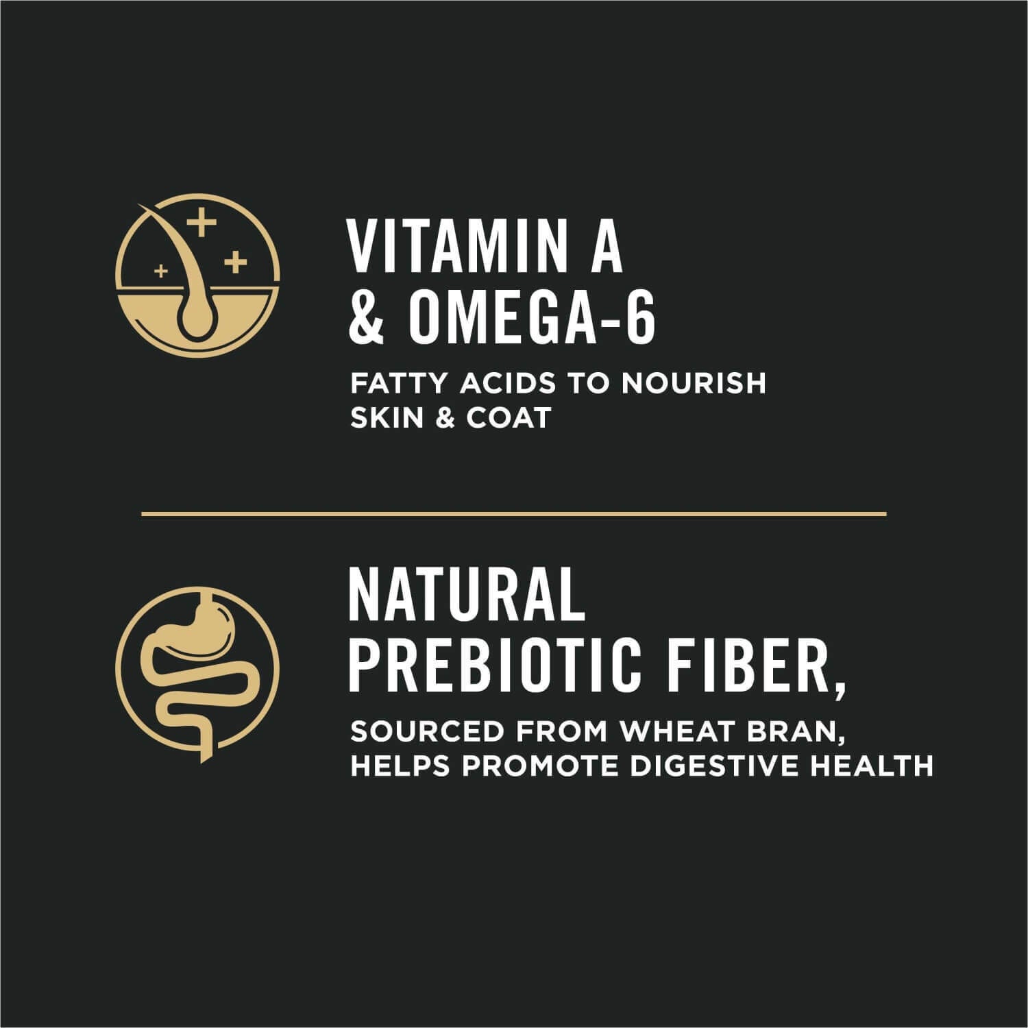 VITAMIN A  & OMEGA-6  FATTY ACIDS TO NOURISH  SKIN & COAT  NATURAL  PREBIOTIC FIBER,  SOURCED FROM WHEAT BRAN,  HELPS PROMOTE DIGESTIVE HEALTH 