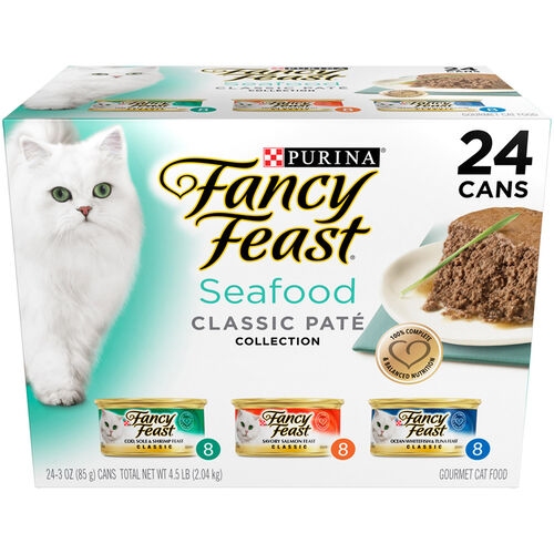 Purina Fancy Feast Classic Seafood Pate Collection Wet Cat Food Variety Pack,  24 3oz Cans