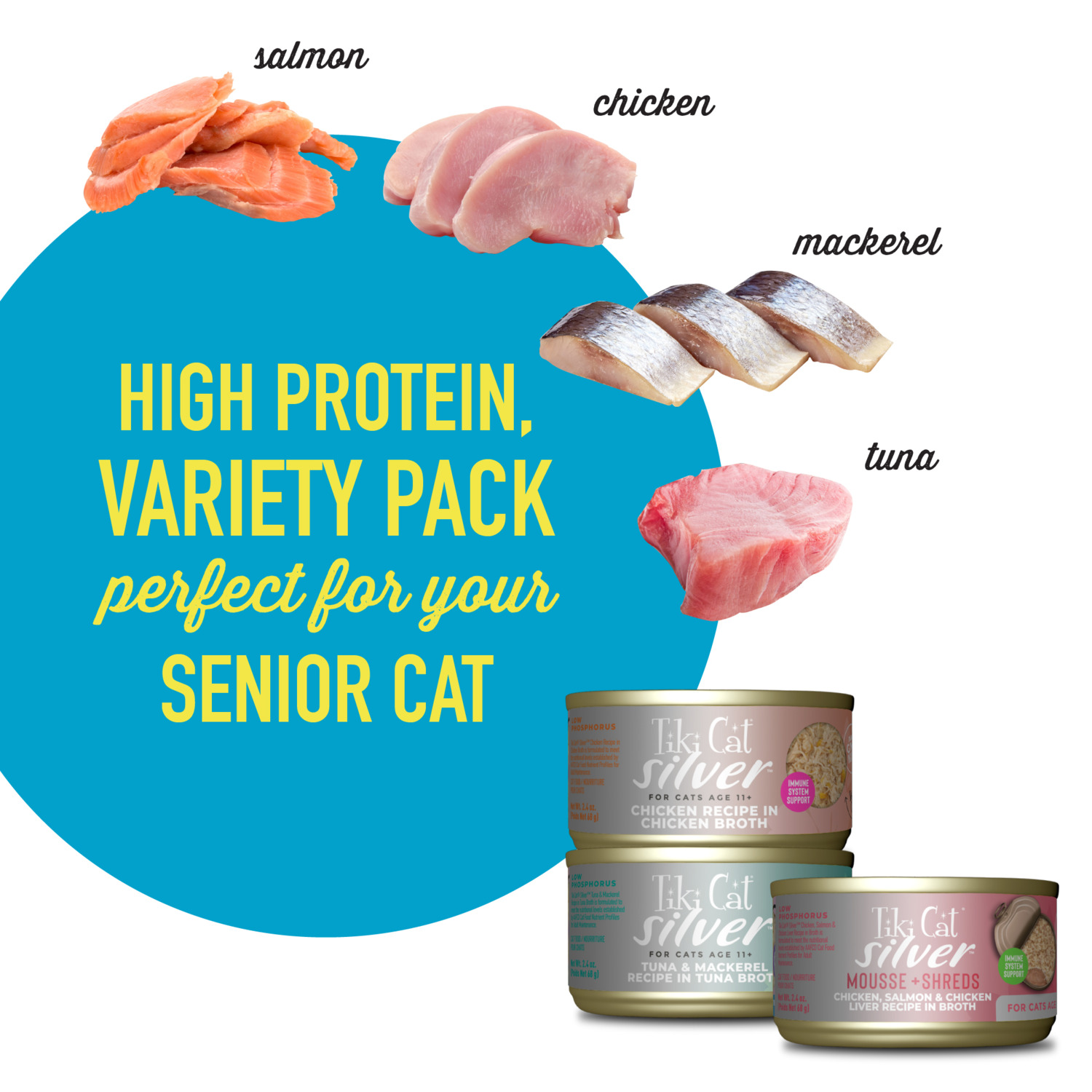 Tiki Cat Silver Wet Cat Food For Seniors, Variety Pack, 2.4 Oz. Can (12 Count)