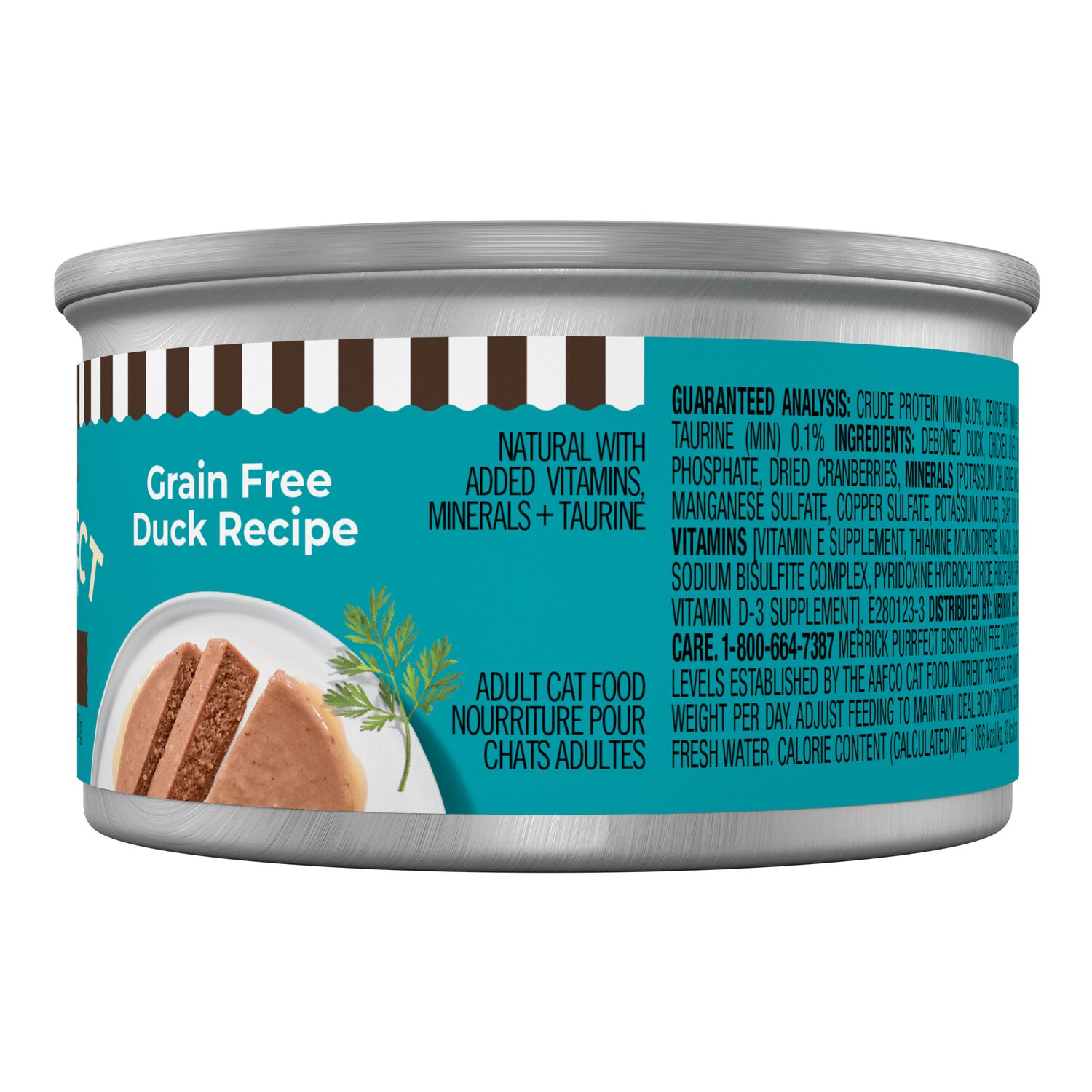 Merrick Purrfect Bistro Grain Free Premium Soft Canned Pate Adult Wet Cat Food, High Protein Duck Recipe, 3-Oz Can