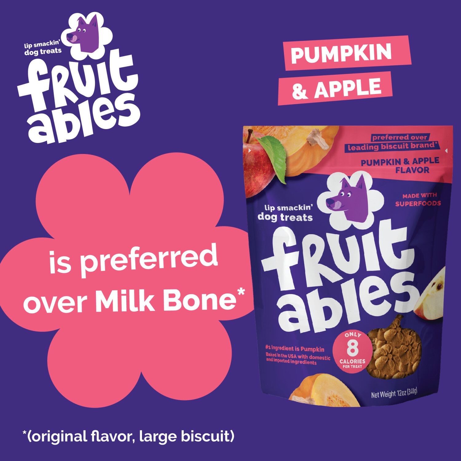 Fruitables Low Calorie Baked Crunchy Dog Treats,  Pumpkin & Apple, 12-Oz Bag