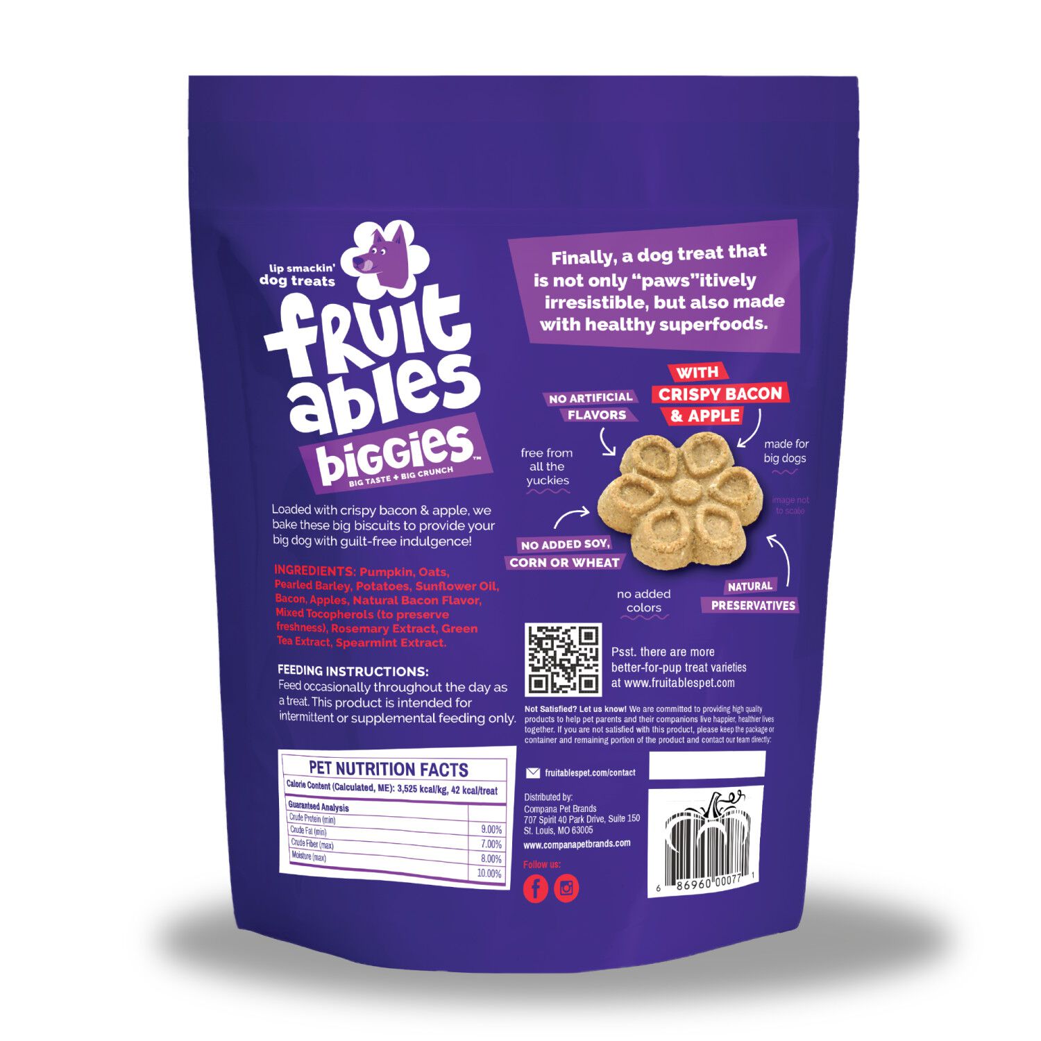 Fruitables Biggies Crunchy Biscuit Dog Treats, Crispy Bacon & Apple, 16-Oz