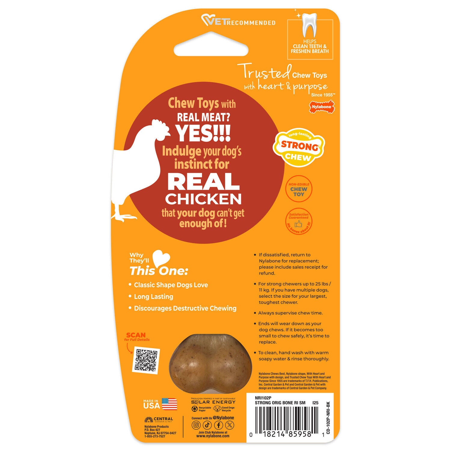 Nylabone Strong Chew Original Bone Dog Chew Toy Made With Real Chicken, Small