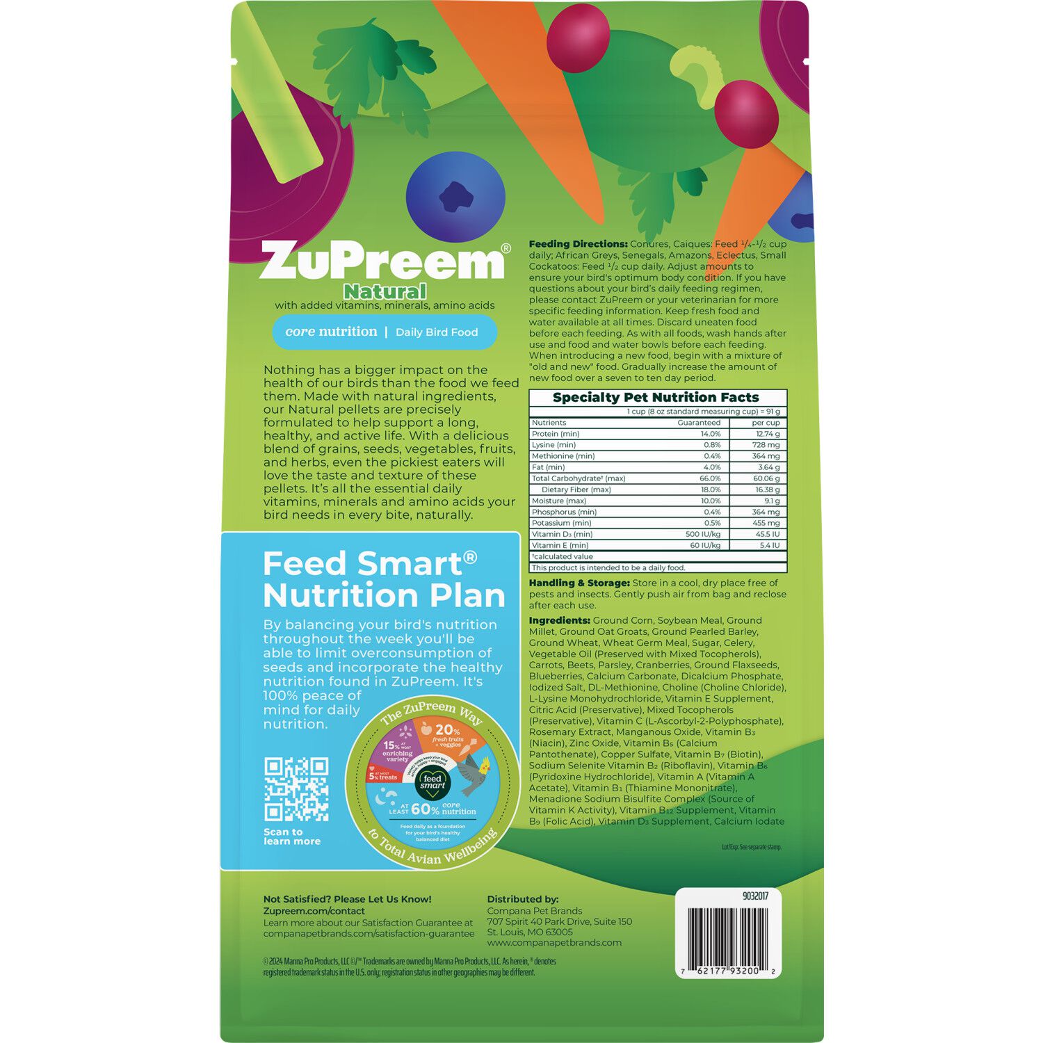 Zupreem Natural With Added Vitamins Bird Food For Parrots & Conures, 3-Lb
