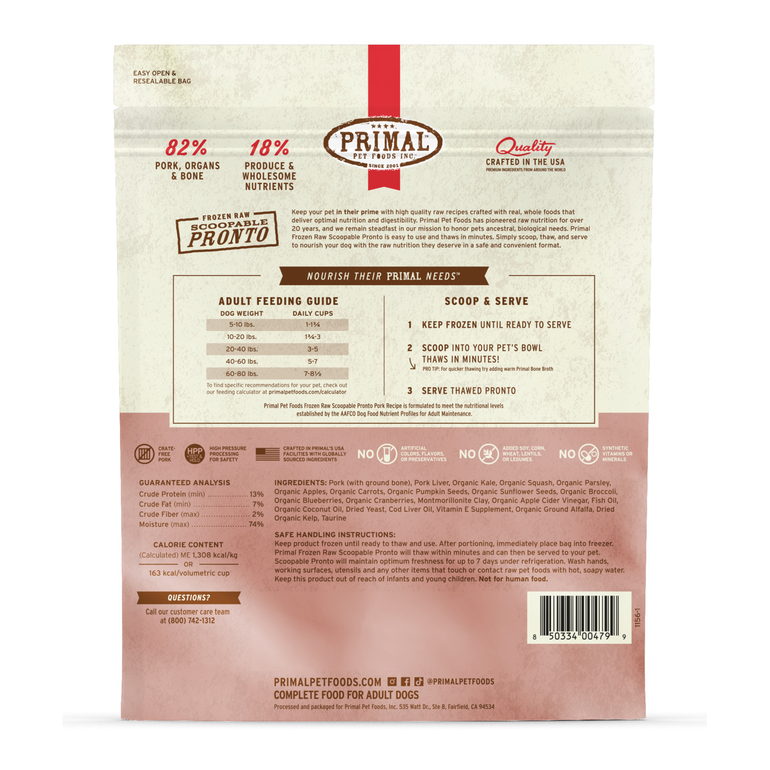 Primal Pronto Scoopable Raw Frozen Dog Food, Pork Recipe - 4Lb