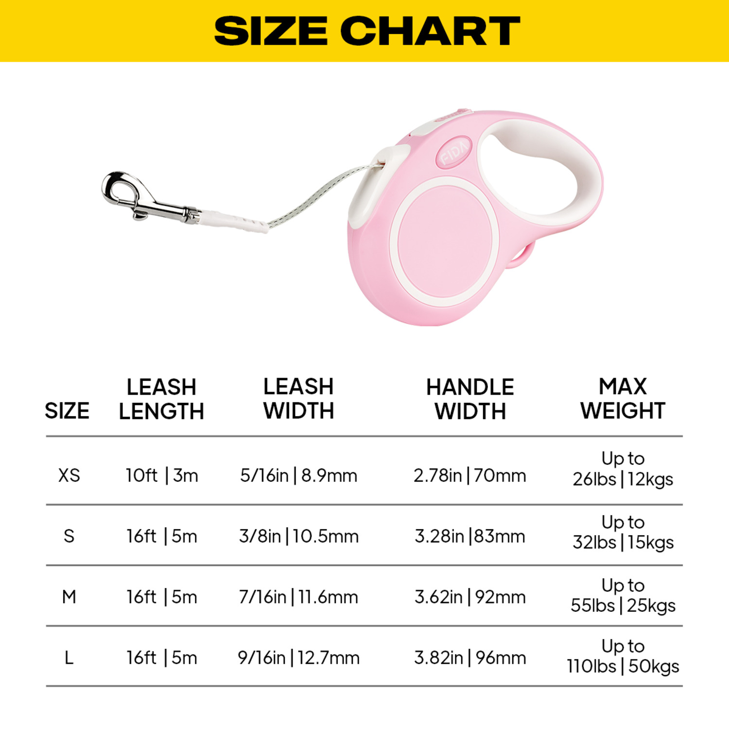 Fida Pet Comfort Series Retractable Dog Leash, Pink - Small