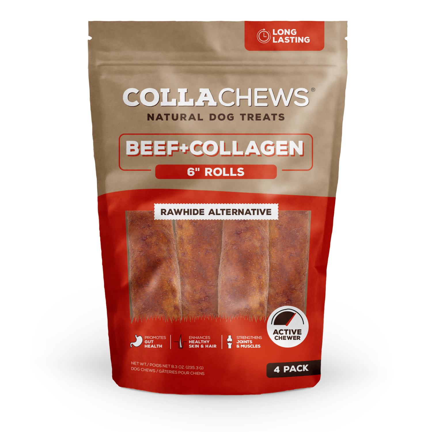 Collachews Beef Collagen Roll Rawhide Alternative Dog Treats, 6"-4 Pack