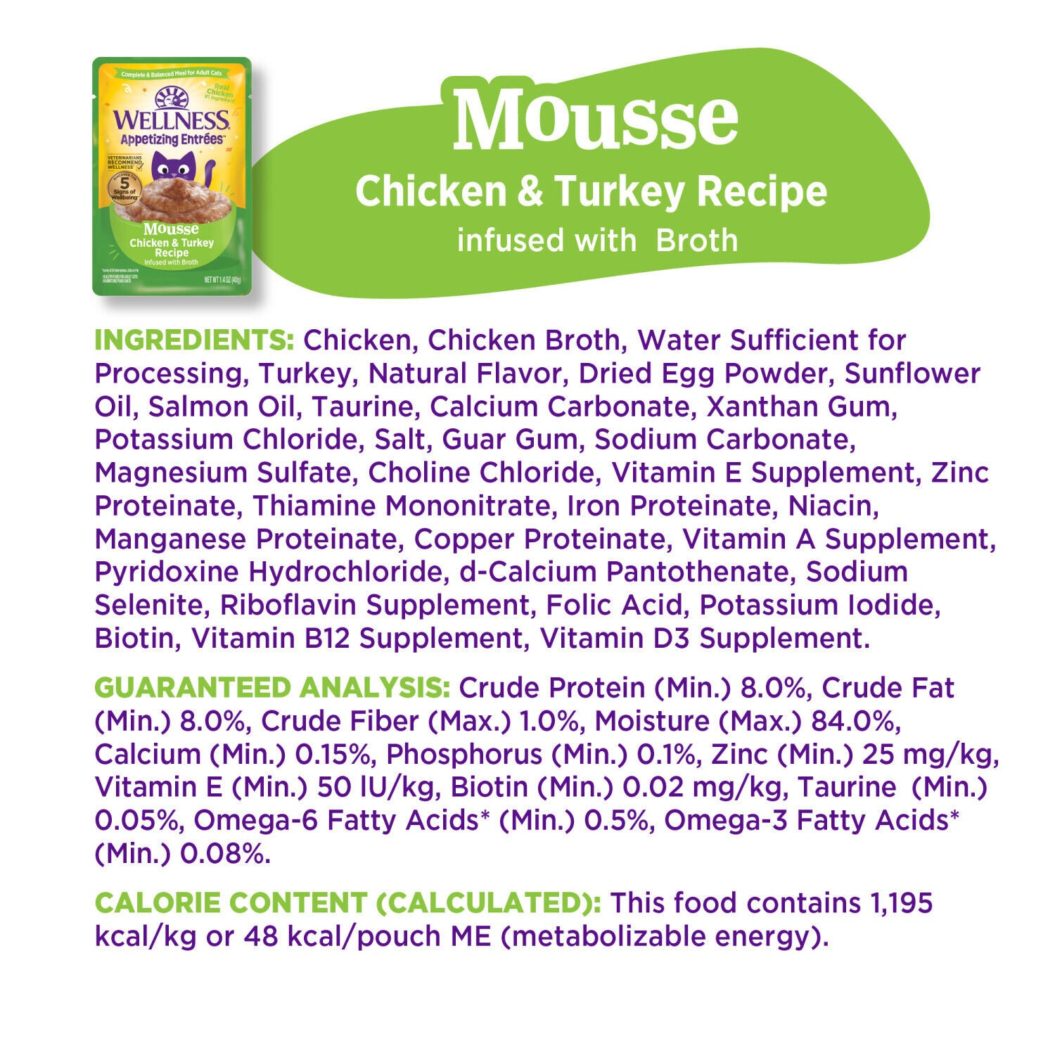 Wellness Appetizing Entr&eacute;es Mousse Adult Wet Cat Food, Natural, Protein-Rich, Grain Free Chicken & Turkey Recipe, 1.4 Ounce Pouch, 8 Pack