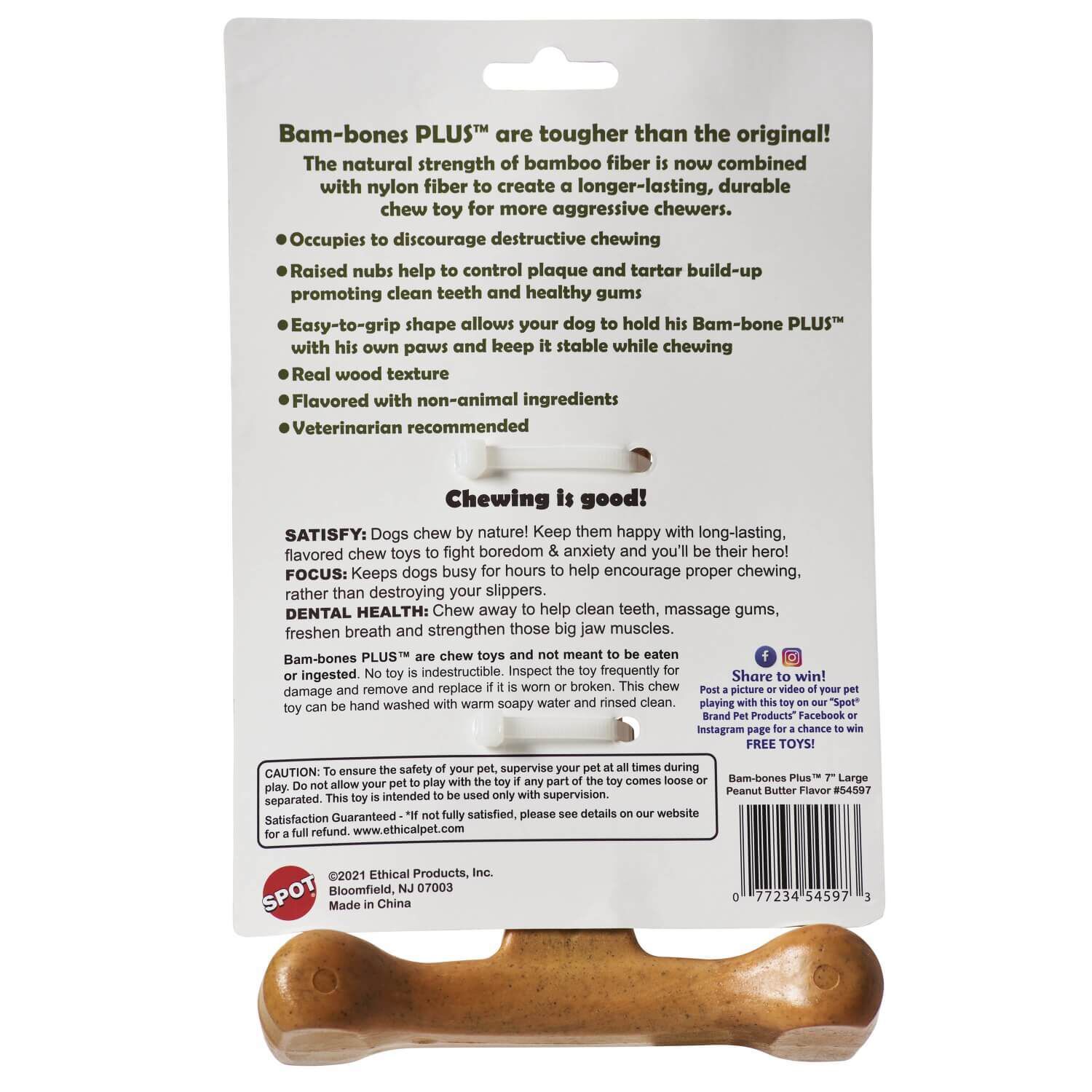 Spot Bambone Plus 7" Dog Chew Toy, Peanut Butter Flavor