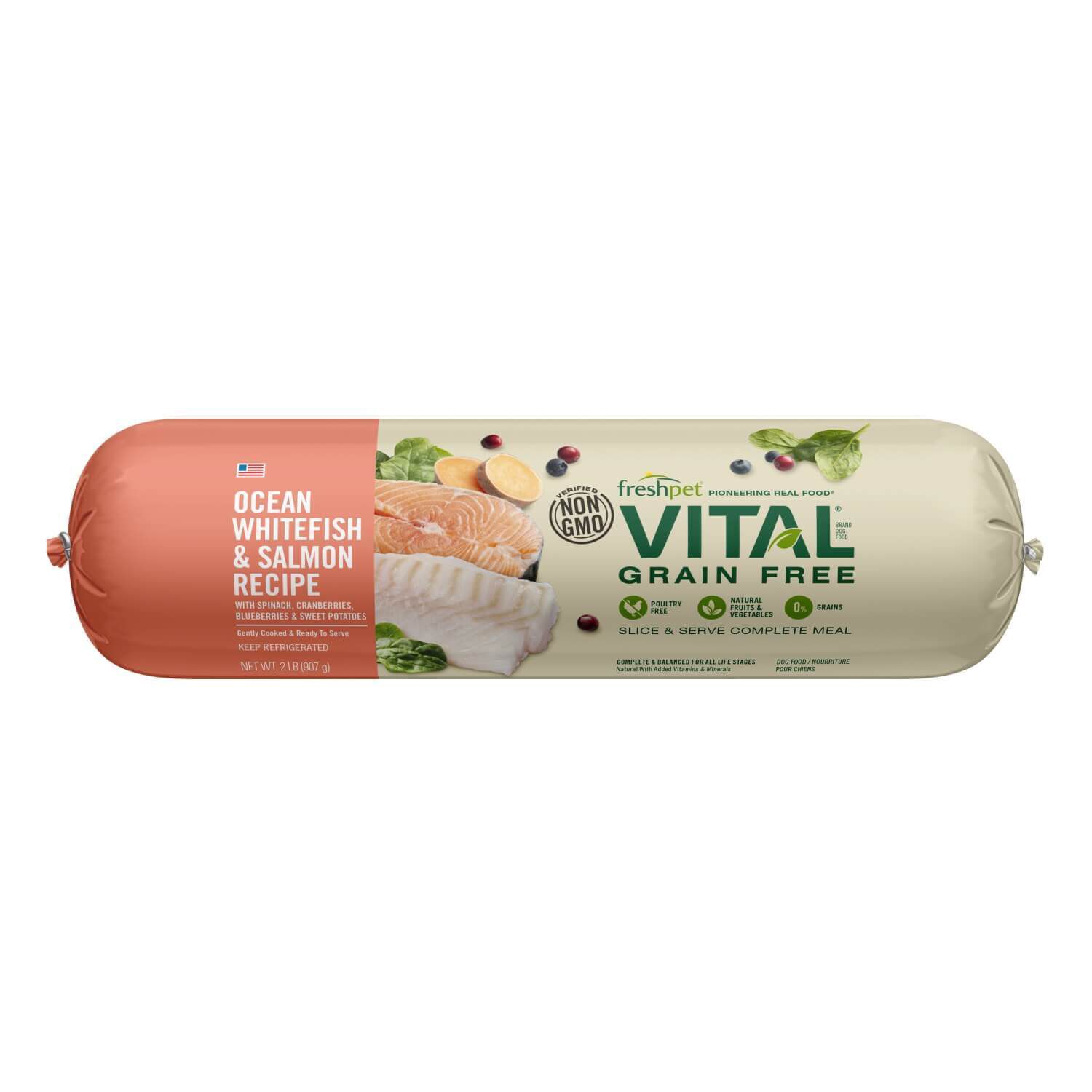 Freshpet Vital Grain Free Fresh Dog Food, Ocean Whitefish & Salmon Roll Recipe, 2-Lb Roll