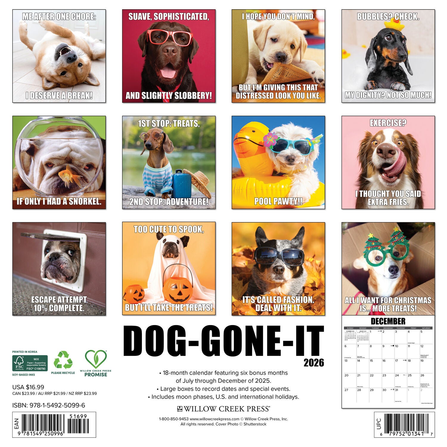 Willow Creek Press 2026 Dog-Gone-It Wall Calendar