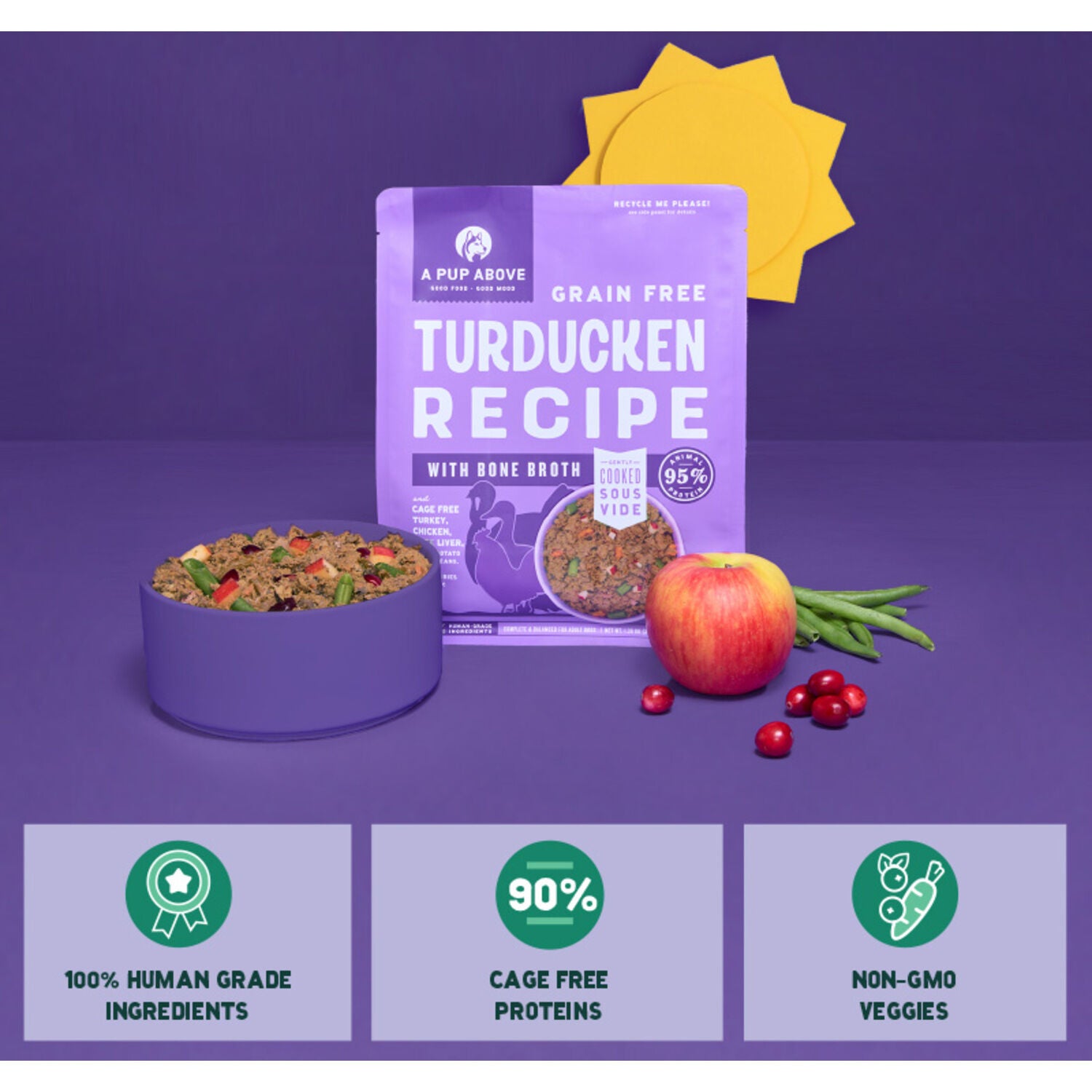 A Pup Above Gently Cooked Grain-Free Frozen Dog Food, Turducken Recipe With Bone Broth, 1-Lb