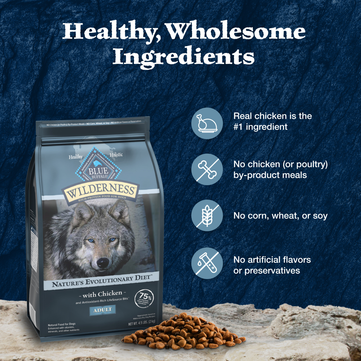Blue Buffalo Wilderness High Protein Natural Adult Dry Dog Food Plus Wholesome Grains, Chicken, 24Lb