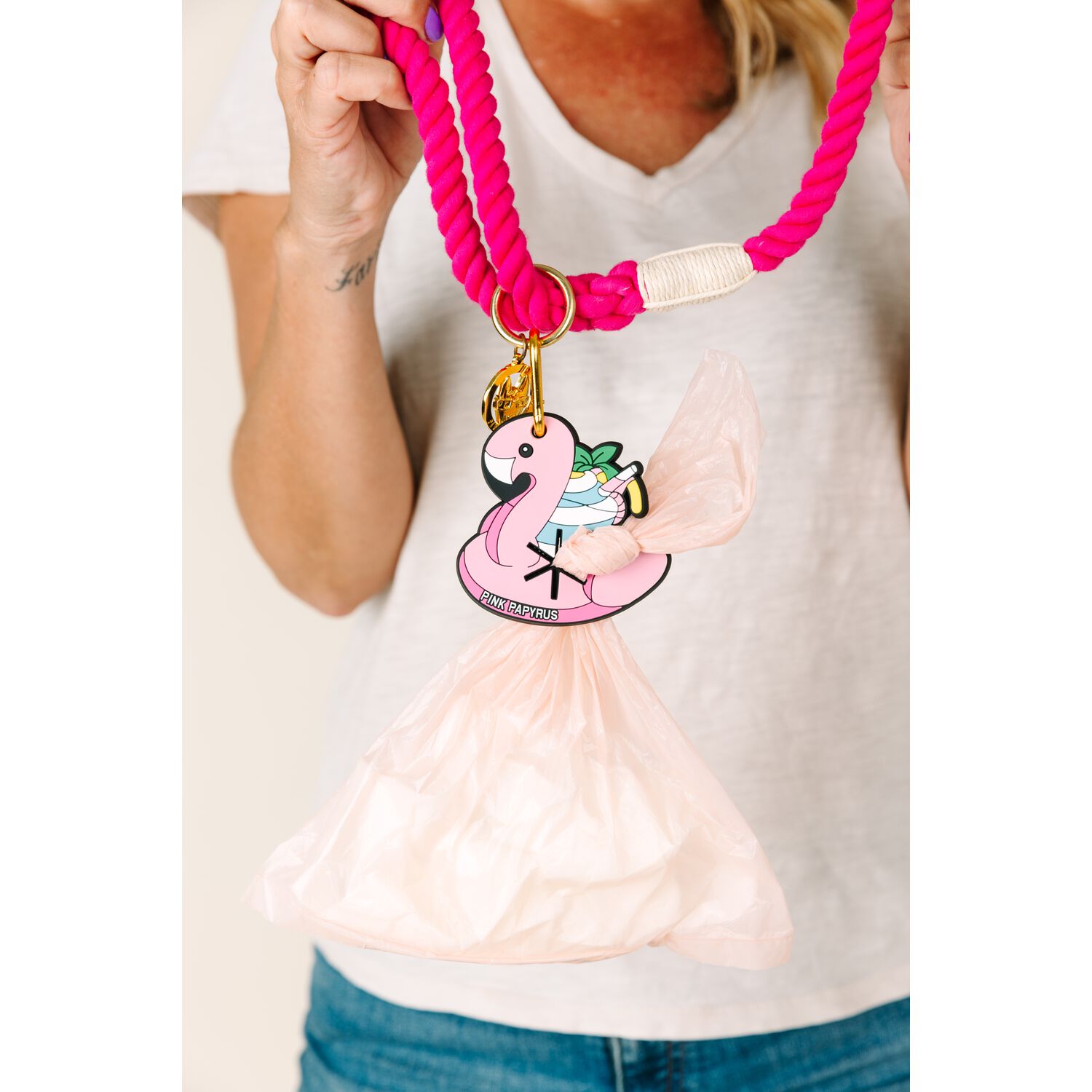 Pink Papyrus Flamingo Floatie Potty Pick Up Used Poop Bag Holder Dog Leash Attachment