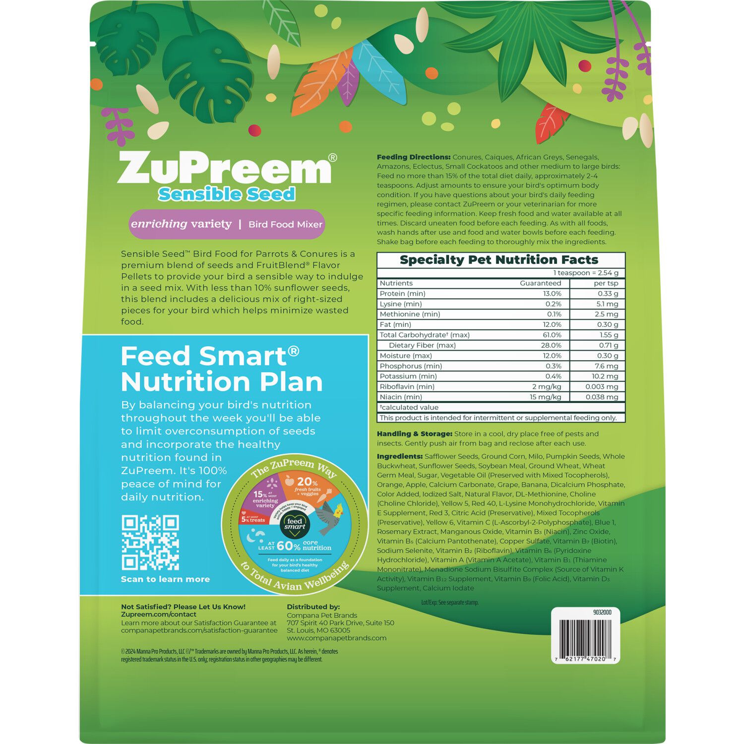 Zupreem Sensible Seed Bird Food For Parrots & Conures, 2-Lb