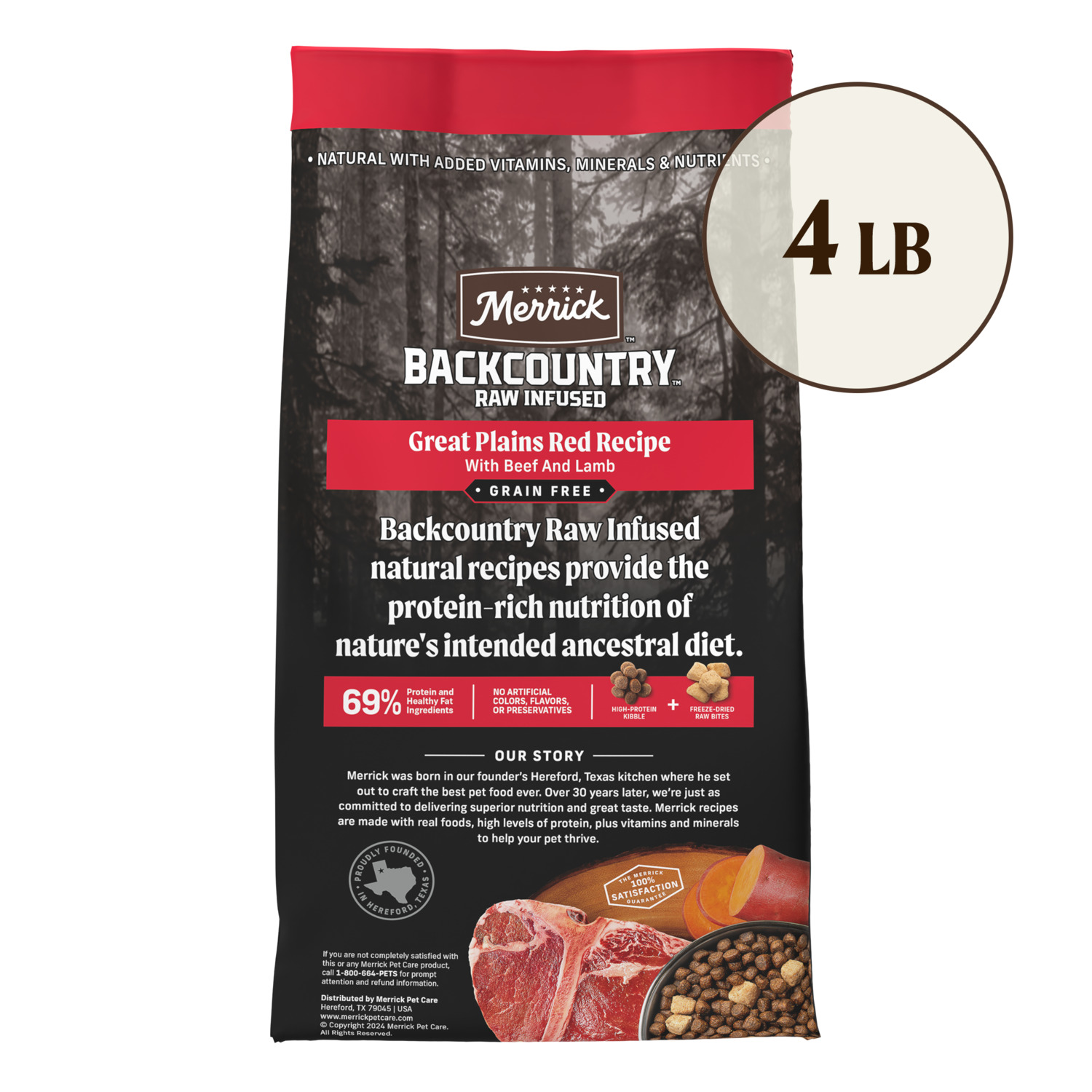 Merrick Backcountry Grain Free Dry Adult Dog Food Kibble With Freeze Dried Raw Pieces, Great Plains Red Recipe, 4-Lb Bag