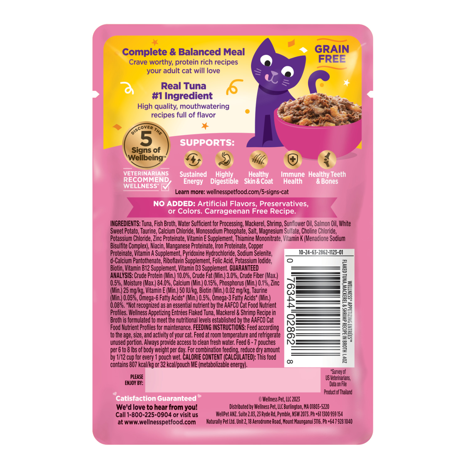 Wellness Appetizing Entr&eacute;es Flaked Adult Wet Cat Food, Natural, Protein-Rich, Grain Free Tuna, Mackerel & Shrimp Recipe, 1.4-Ounce Pouch