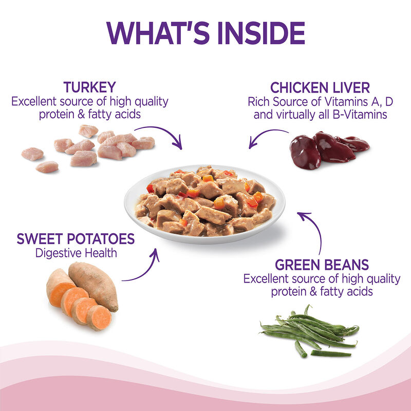 Petite Entrees Mini Filets Tender Turkey, Green Beans & White Sweet Potatoes In Gravy Recipe Dog Food image number 2