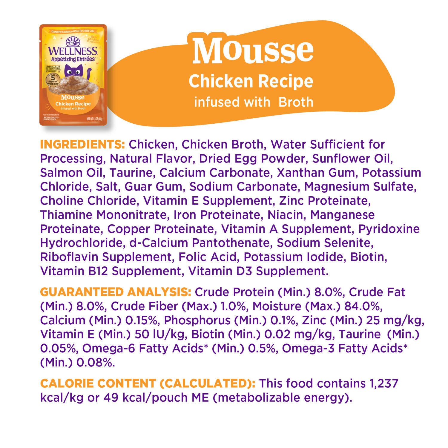 Wellness Appetizing Entr&eacute;es Mousse Adult Wet Cat Food, Natural, Protein-Rich, Grain Free, 1.4 Ounce Pouch Pack Of 8, Chicken Recipe