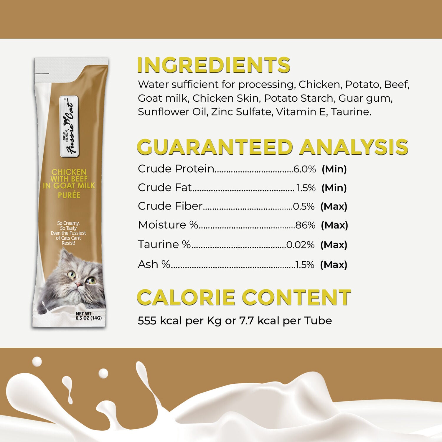 Fussie Cat Super Premium Chicken With Beef In Goat Milk Puree Lickable Cat Treat, 4-2Oz Tubes
