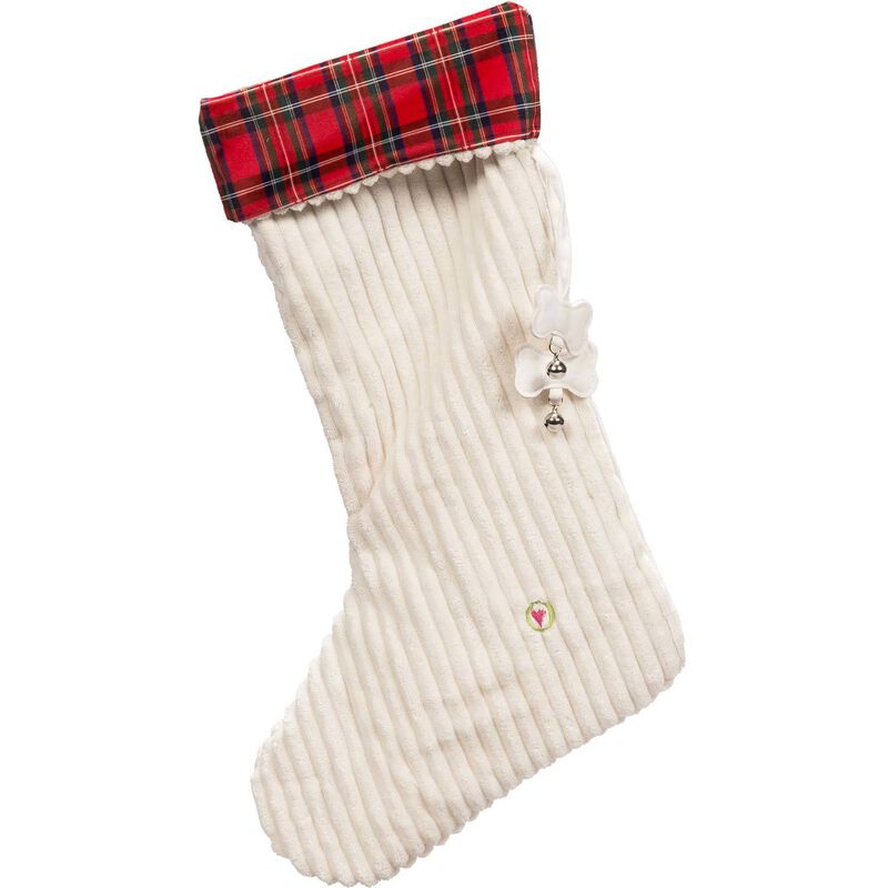 Off White Corduroy Stocking With Tartan Plaid Cuff Dog Toy image number 1