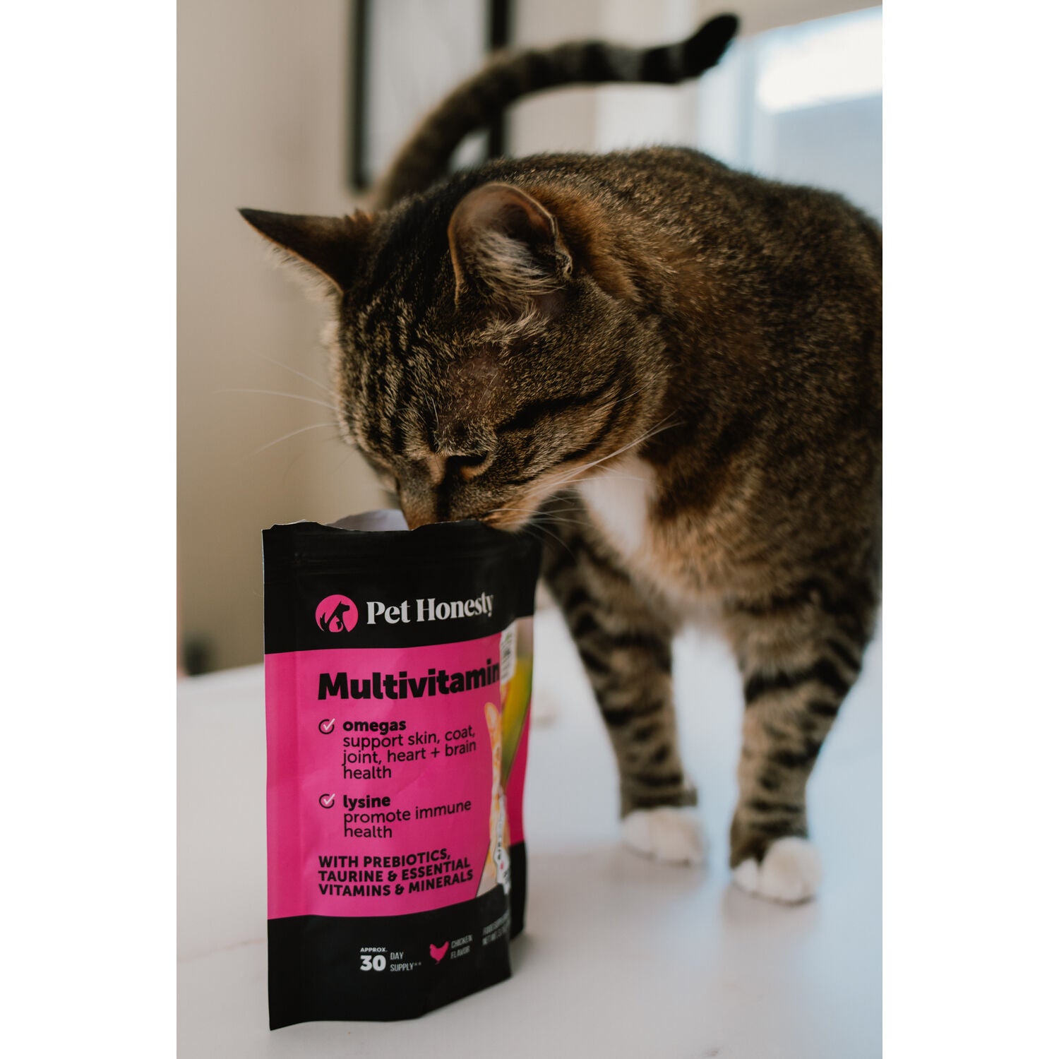 Pet Honesty Dual Texture Chicken Flavored Multivitamin Supplement Crunchy Cat Chews With Lysine & Probiotic, 3.7-Oz Pouch