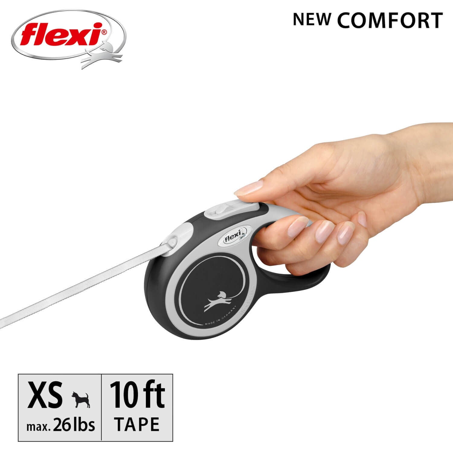 Flexi Comfort Retractable Tape Dog Leash, Grey, 10'