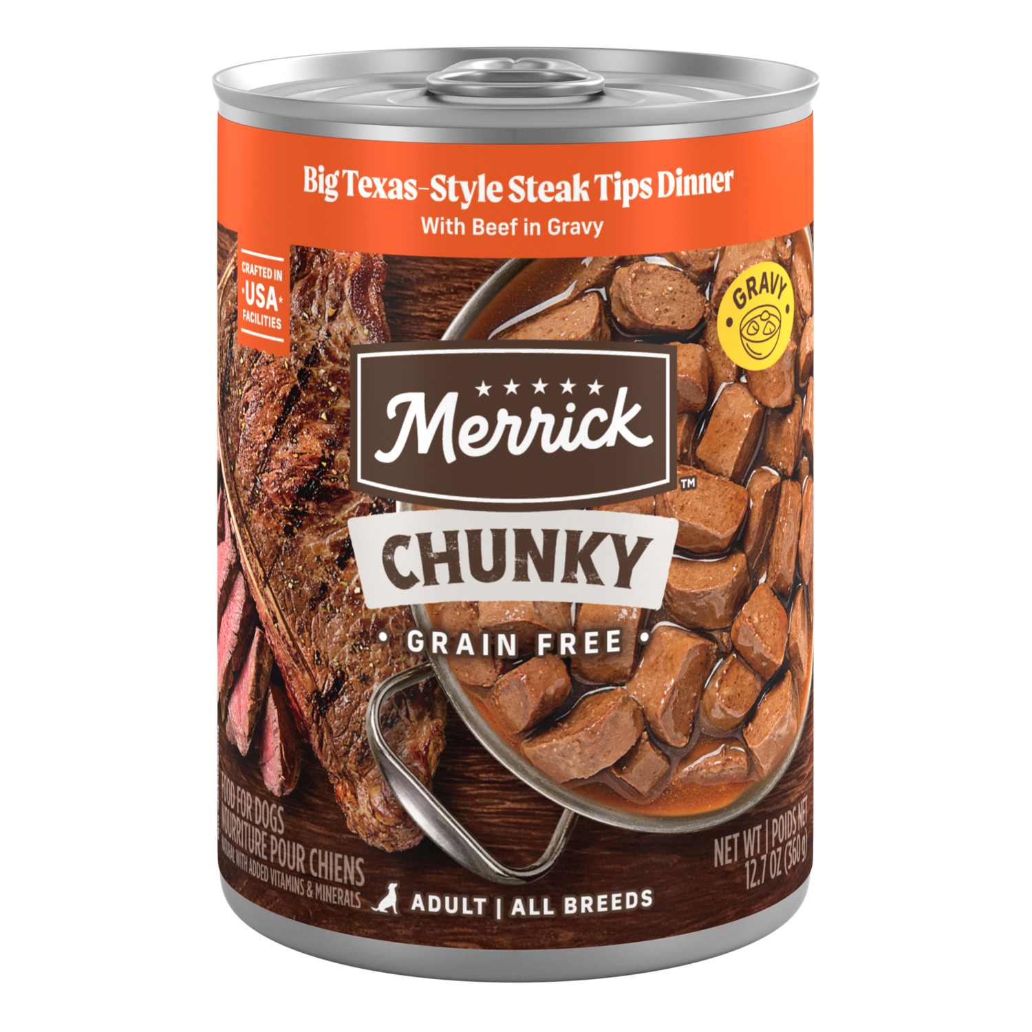 Merrick Chunky Grain-Free Premium And Wholesome Canned Dog Food, Real Meat Big Texas Steak Tips Dinner, 12.7-Oz Can Pack Of 12