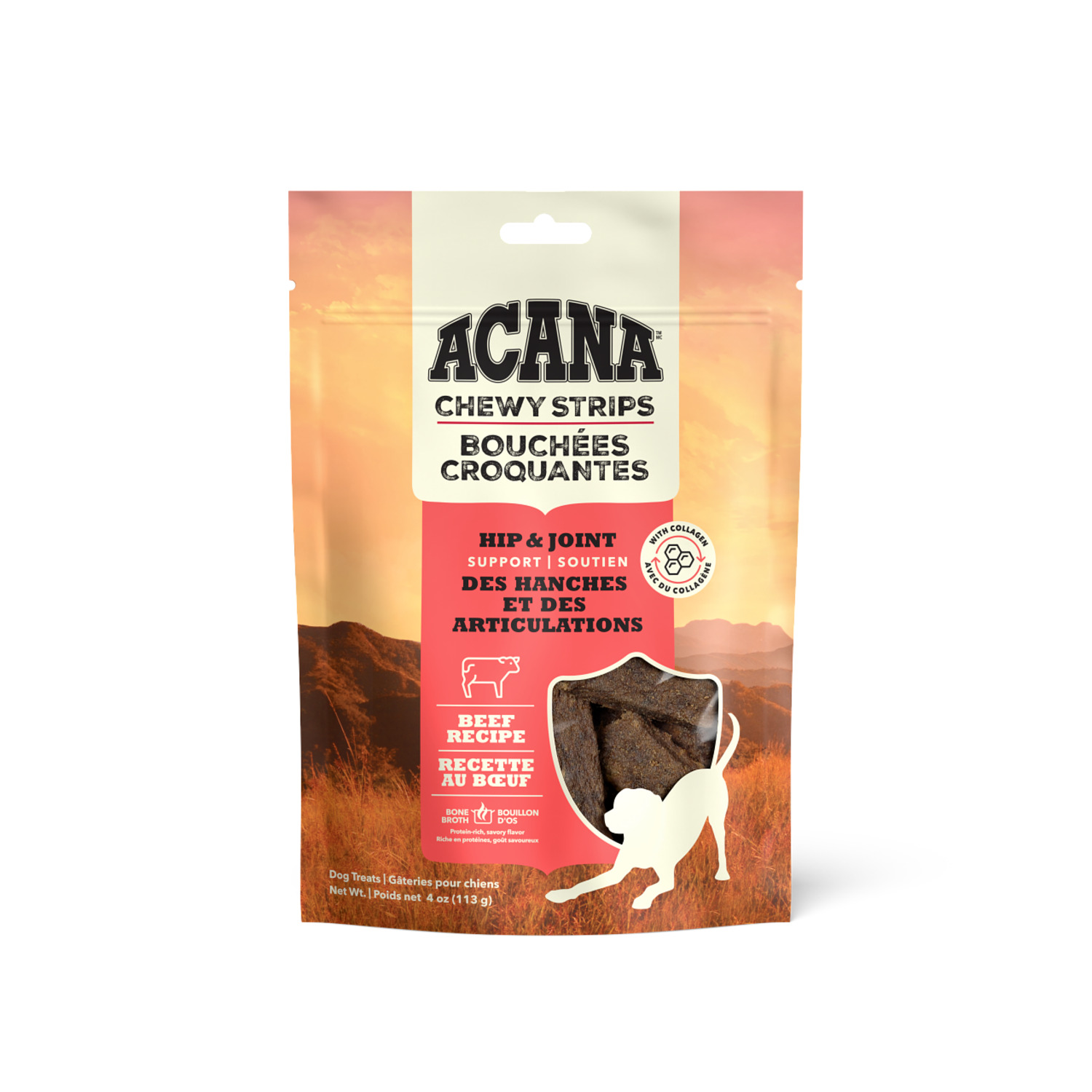 Acana Chewy Strips Hip & Joint Support Dog Treats, Beef Recipe, 4Oz