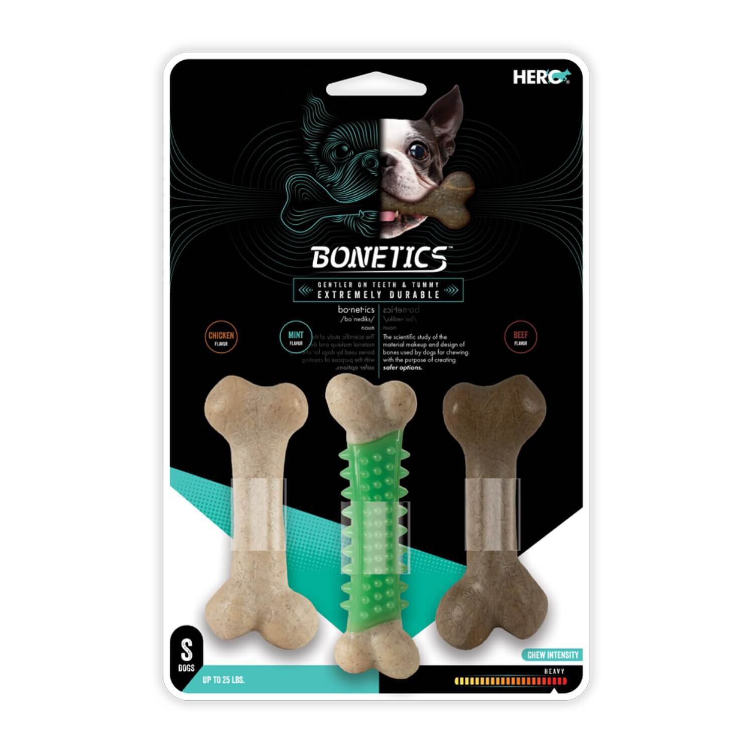 Hero Bonetics 3-Pack Dental Chew Dog Toy Combo - Chicken, Mint, & Beef