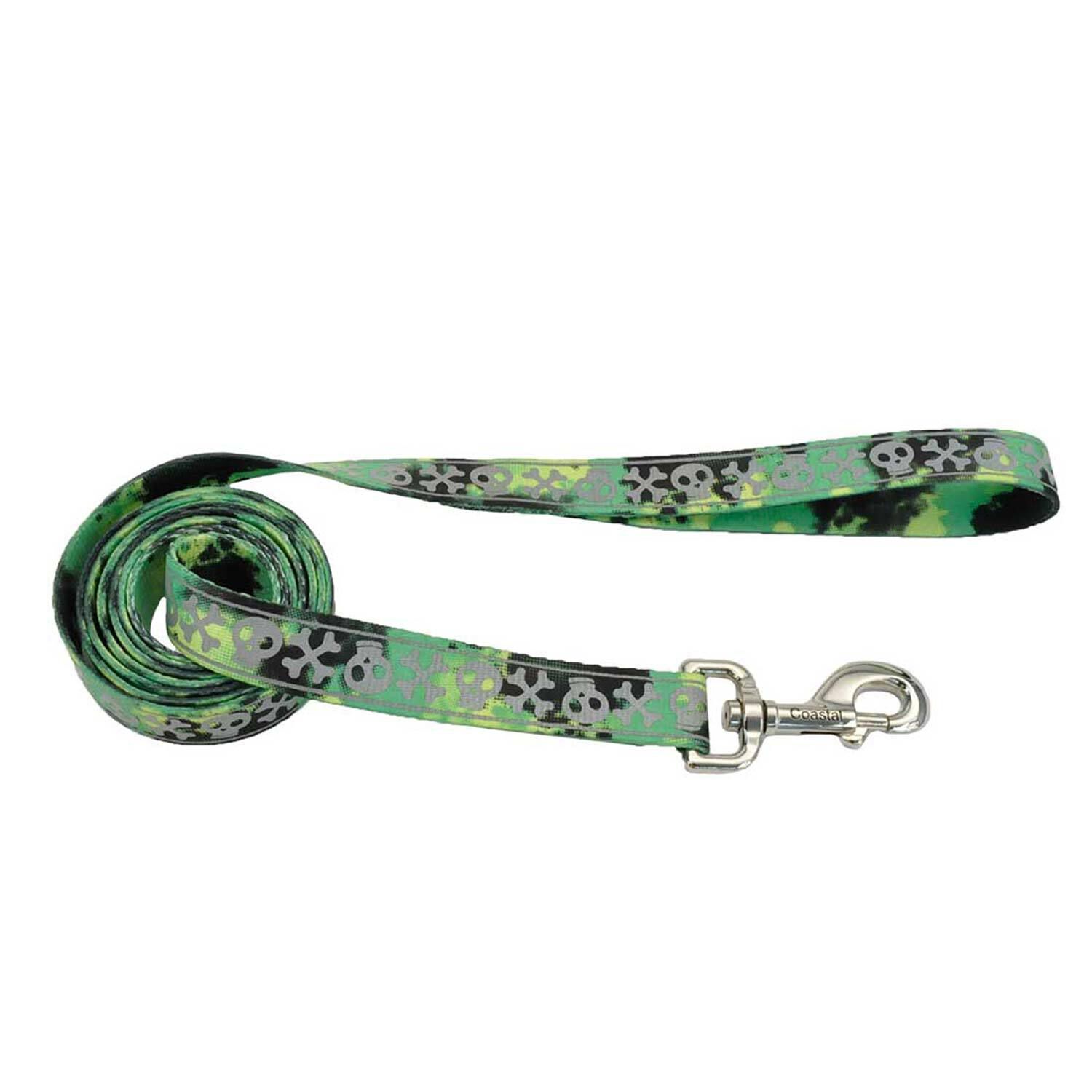 Coastal Pet Products Lazerbrite Patterned 6 Foot Dog Leash, Lime Skulls, 5/8"