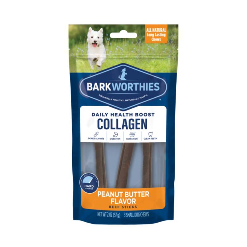 Barkworthies Daily Health Boost Collagen Peanut Butter Flavor Beef Sticks Dog Treat image number 1