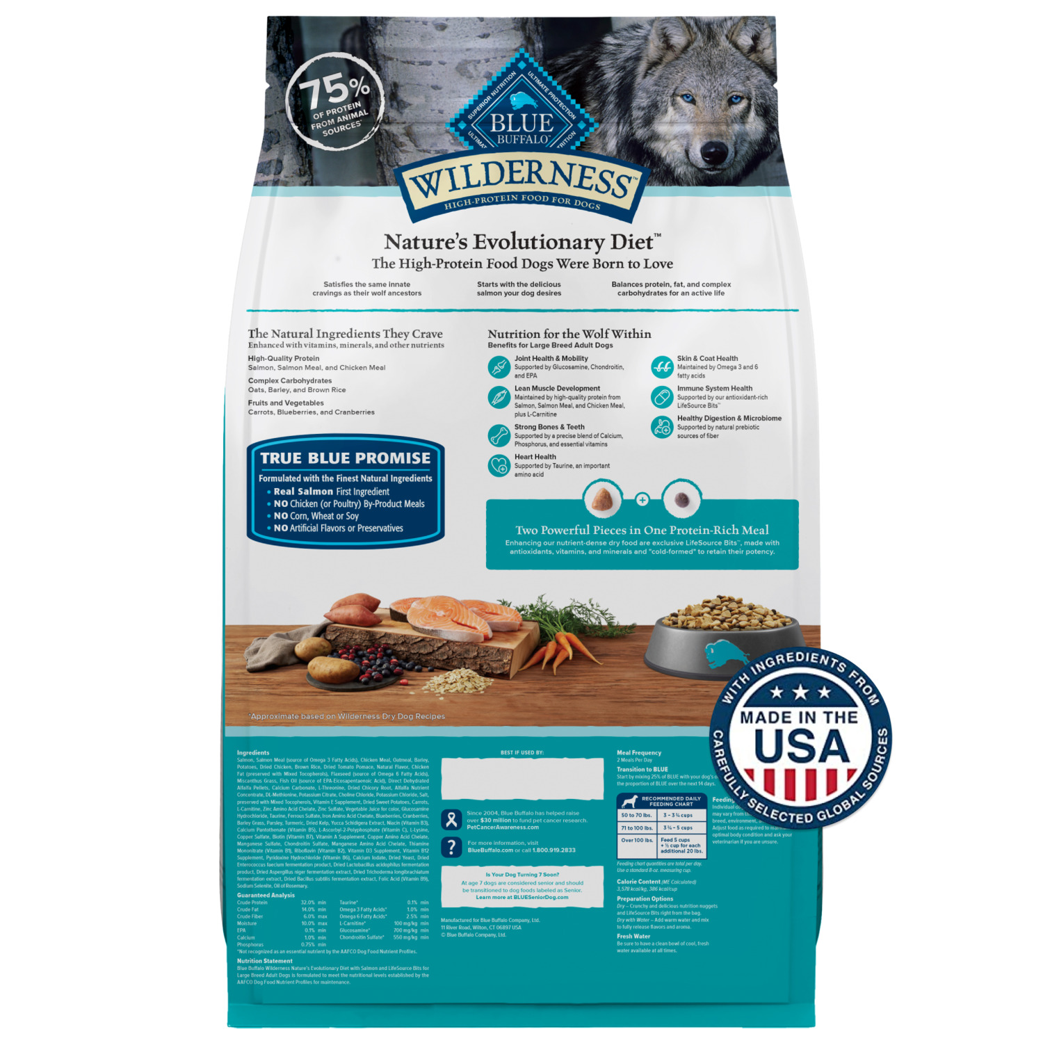 Blue Buffalo Wilderness High Protein Large Breed Adult Dry Dog Food With Wholesome Grains, Salmon, 24Lb