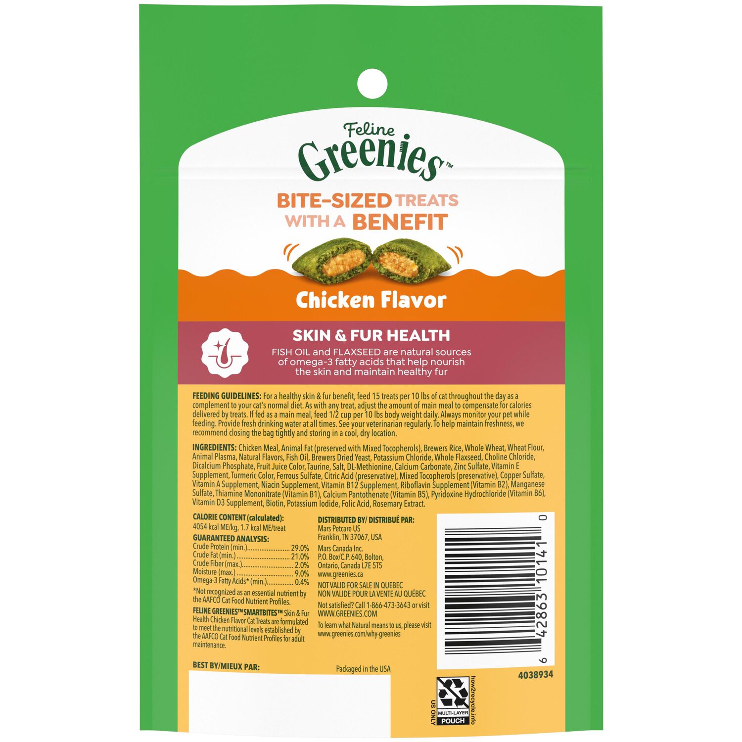 Greenies Feline Smartbites Skin & Fur Health Chicken Flavor Cat Treats, 2.1-Oz