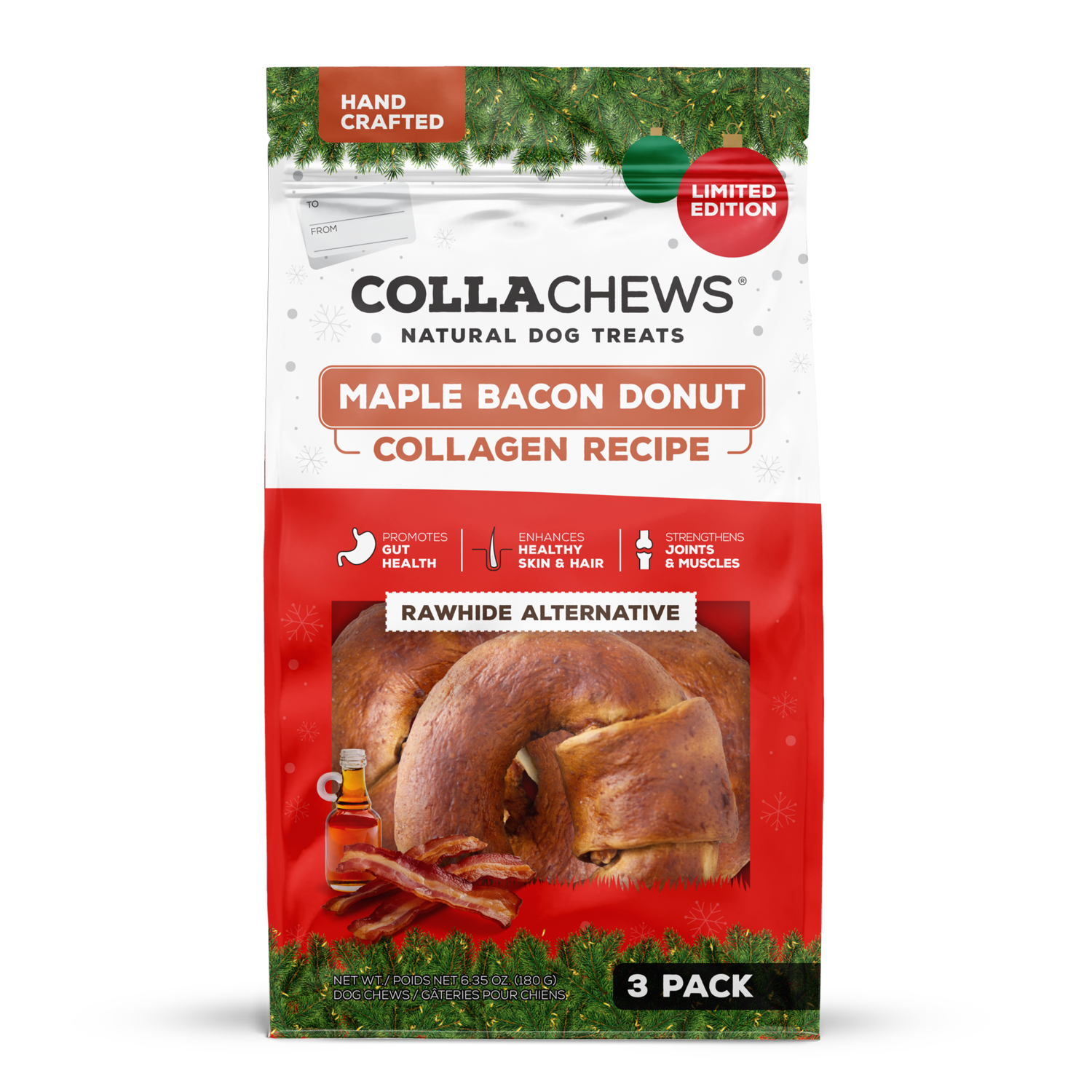Collachews Maple Bacon Donut Rawhide Alternative Dog Treats, 3-Pack