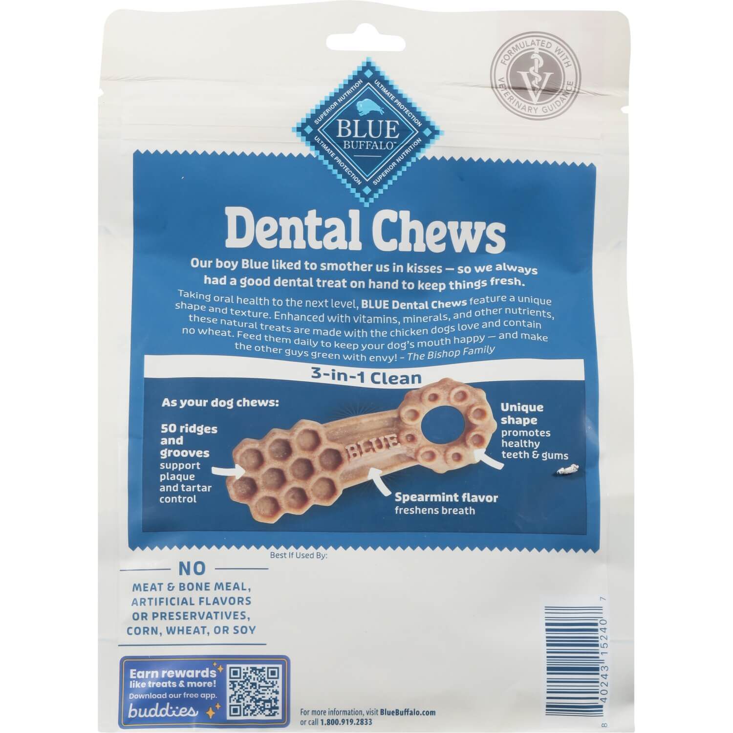 Blue Buffalo 3-In-1 Medium Sized Dog Dental Chews, Chicken & Spearmint Flavor, 14 Ct