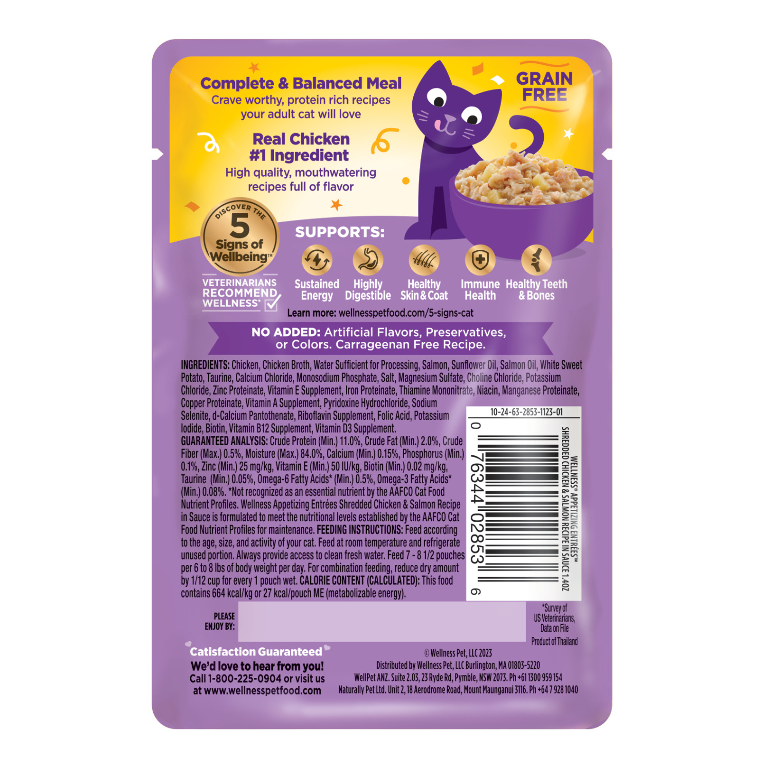 Wellness Appetizing Entrees Shredded Adult Wet Cat Food, Natural, Protein-Rich, Grain-Free Chicken & Salmon Recipe, 1.4 Ounce Pouch 8-Pack