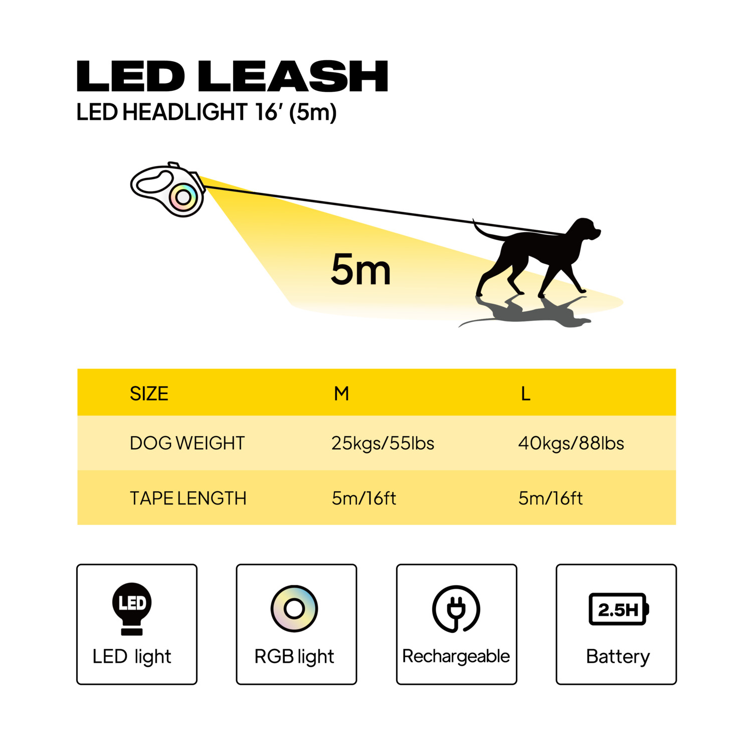 Fida Pet Led Lighted Retractable Dog Leash - 16 Ft