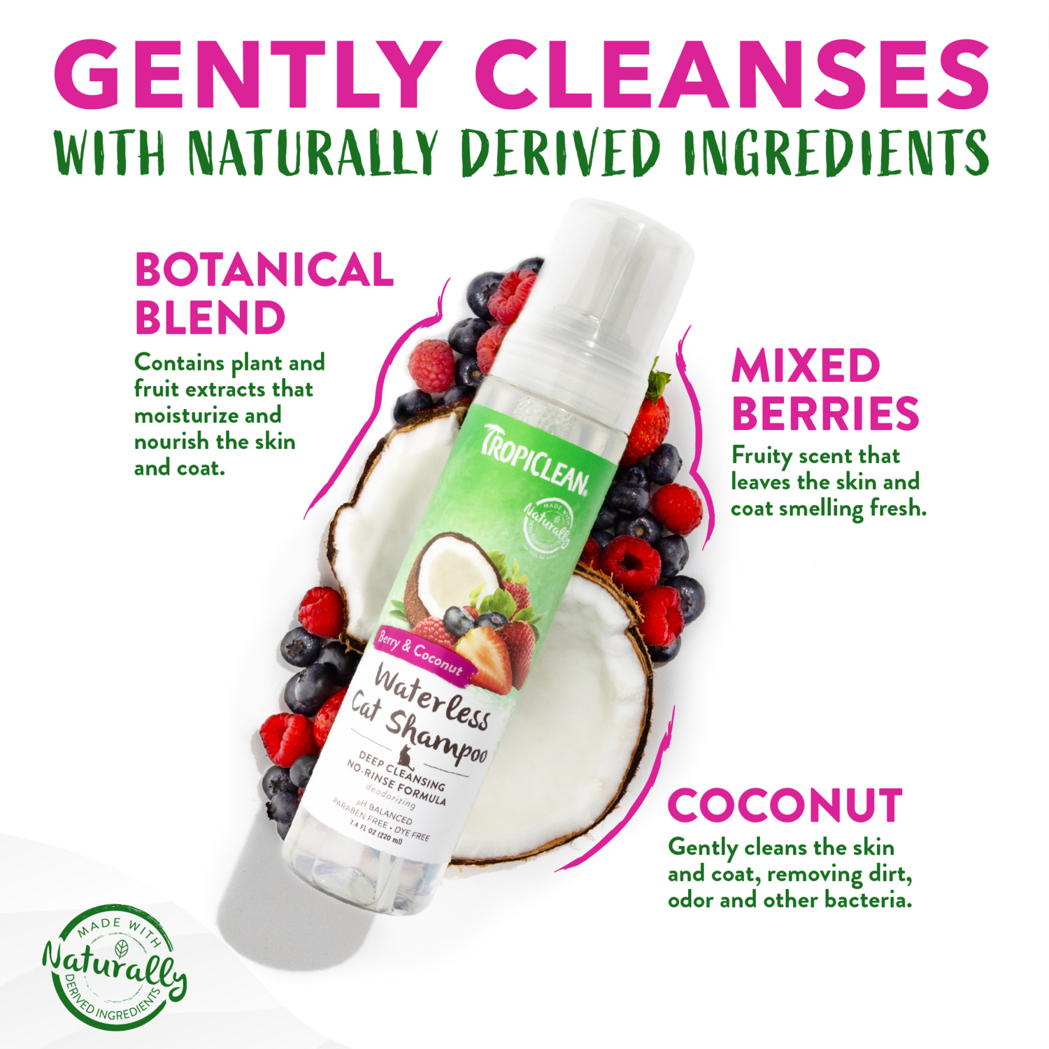 Tropiclean Deep Cleansing Waterless Cat Shampoo, Berry & Coconut Scent, 7.4Oz