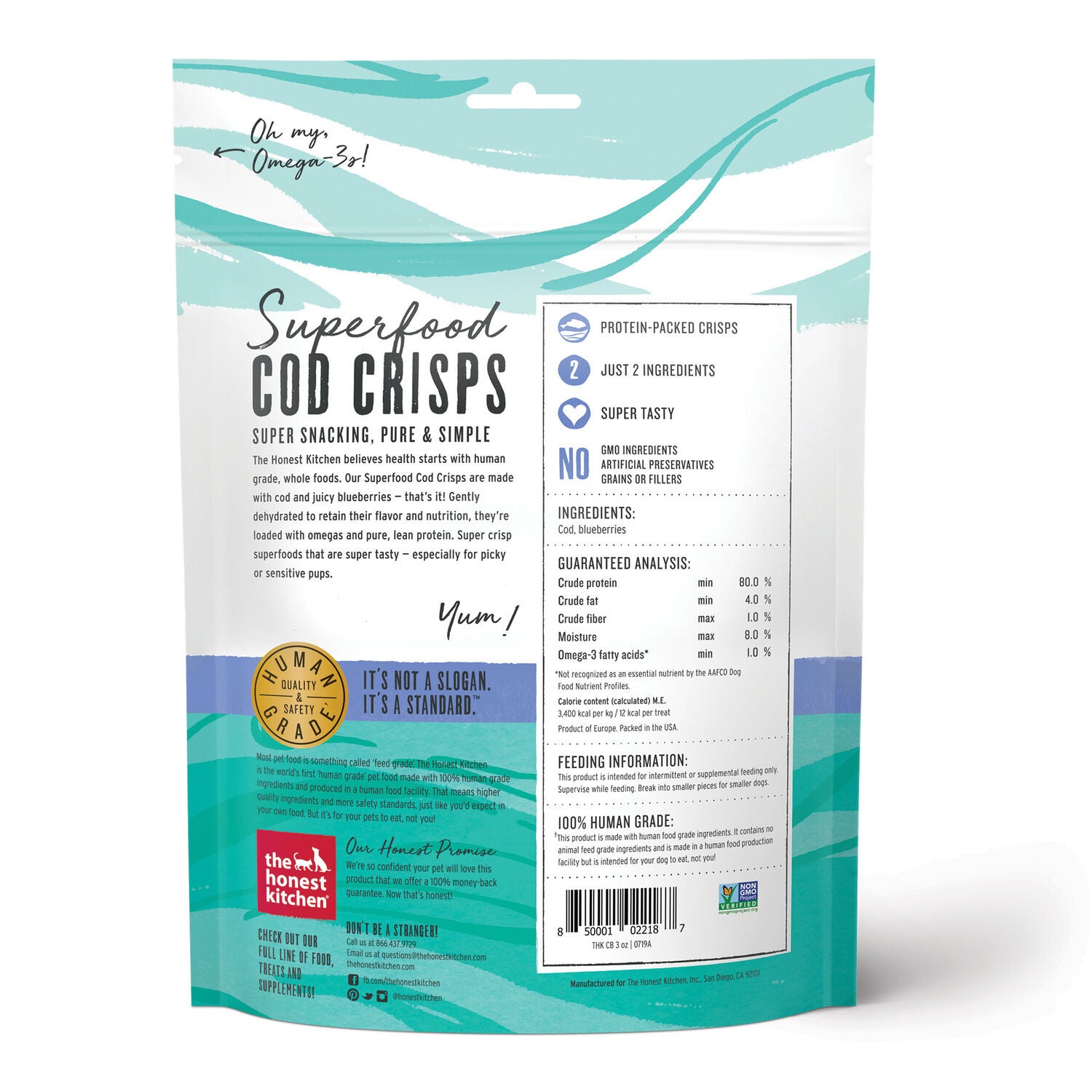 The Honest Kitchen Superfood Cod Crisps Limited Ingredient Dog Treats, Cod & Blueberries, 3-Oz