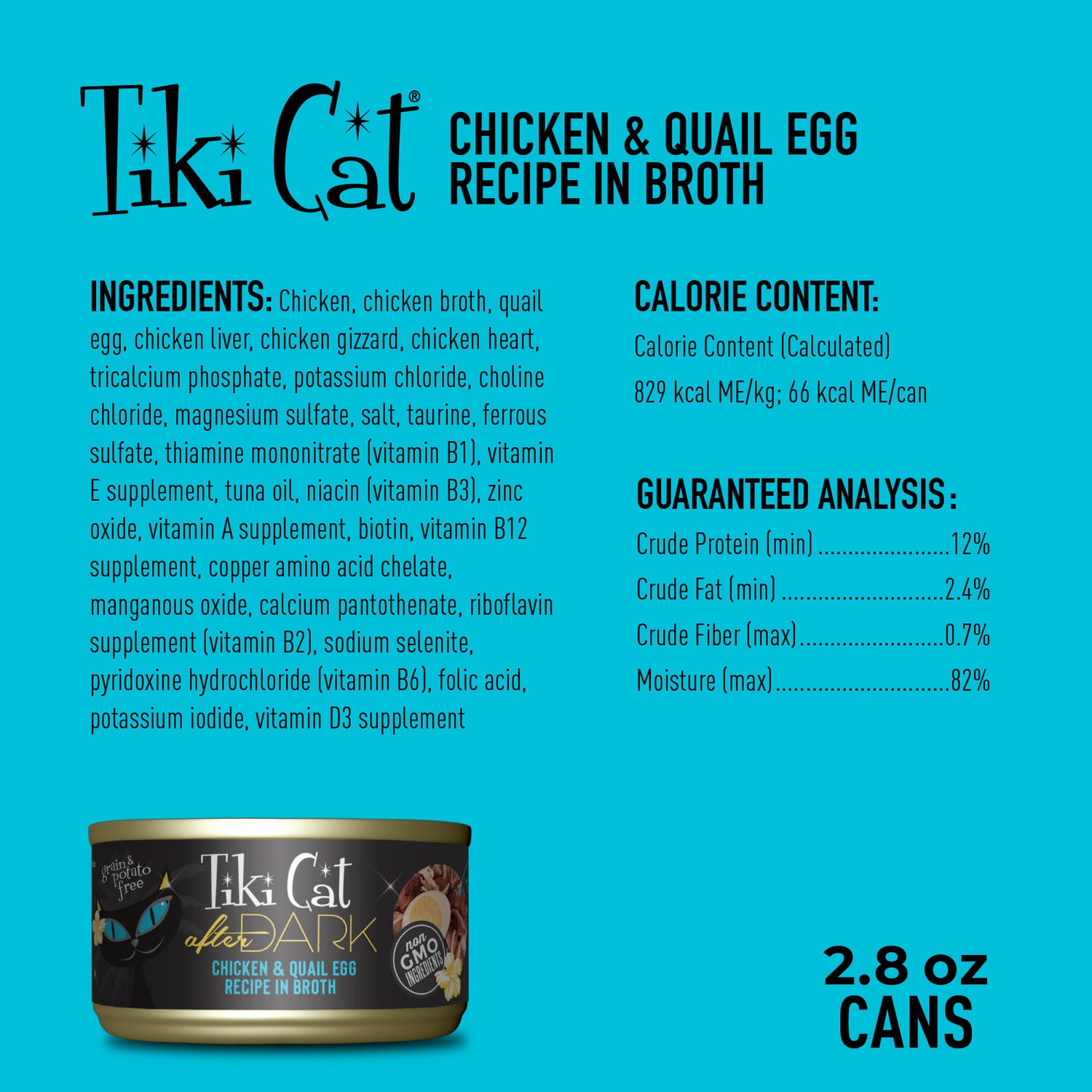 Tiki Cat After Dark Whole Foods Wet Cat Food, Chicken & Quail Egg, 2.8-Oz Can