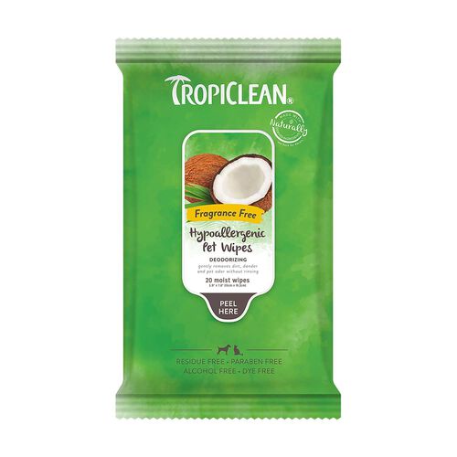 Tropi Clean Fragrance Free Hypoallergenic Deodorizing Bath Wipes For Dogs & Cats