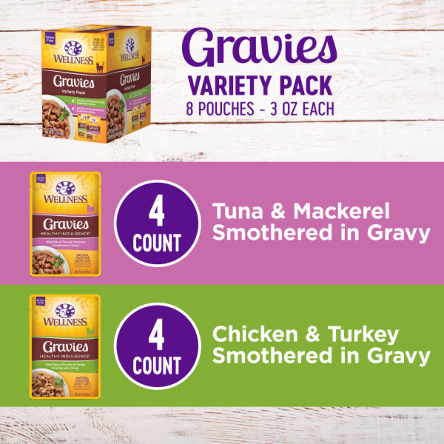 Wellness Healthy Indulgence Gravy Adult Wet Cat Food, Variety Pack, 3-Oz Pouch 8-Pack
