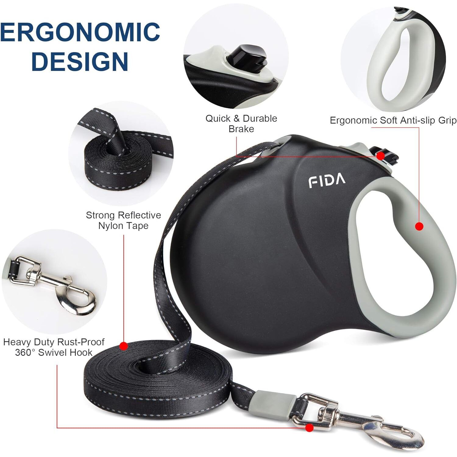 Fida Pet Retractable Dog Leash, Black, Giant - 26-Ft