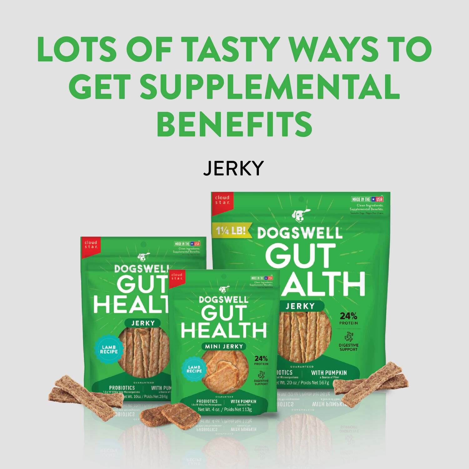 Dogswell Gut Health Single-Ingredient Jerky Dog Treats, Lamb, 10-Oz