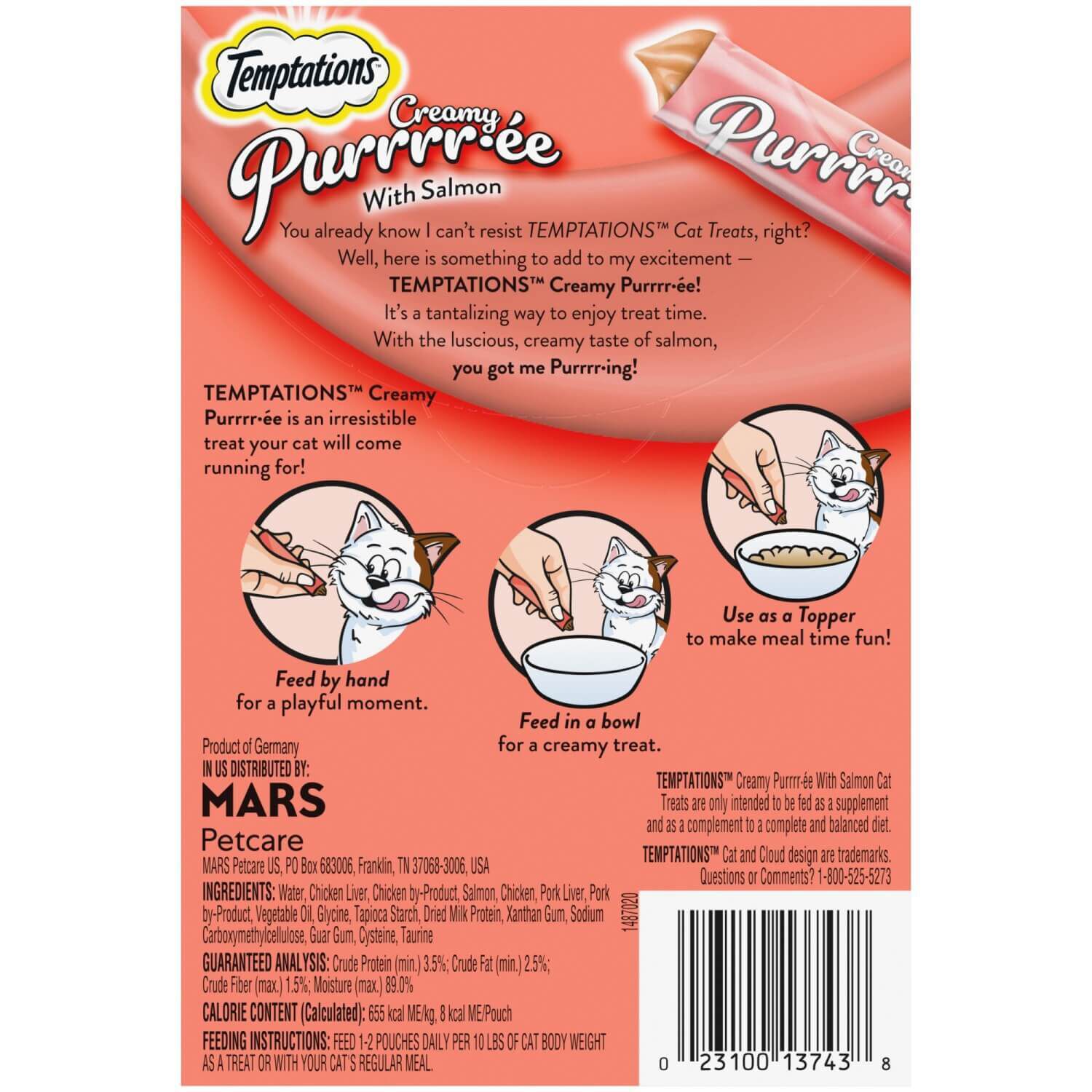 Temptations Creamy Puree With Salmon Lickable, Squeezable Cat Treats, 4-Pack Of 1.7 Oz Pouches
