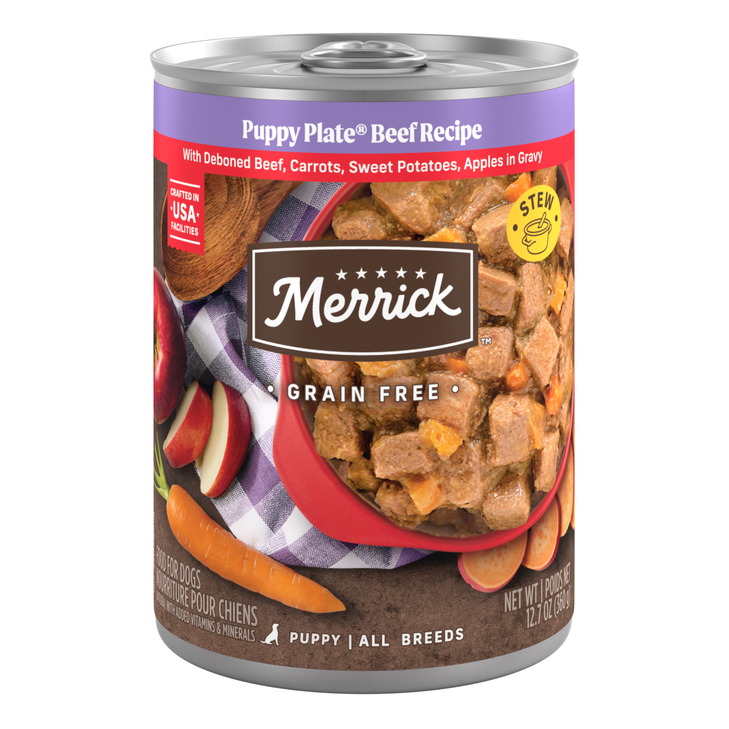 Merrick Grain-Free Premium Soft And Gluten Free Canned Wet Puppy Dog Food, Puppy Plate Beef Recipe - 12.7-Oz Can