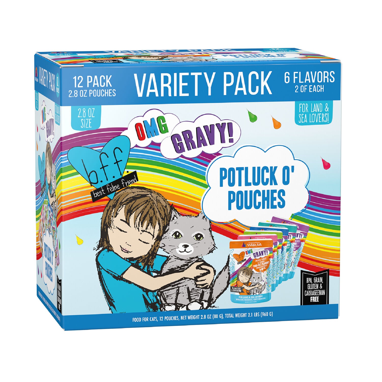 Weruva Bff Omg Gravy Wet Cat Food, Potluck O' Pouches Variety Pack, 2.8-Oz Pouch Pack Of 12