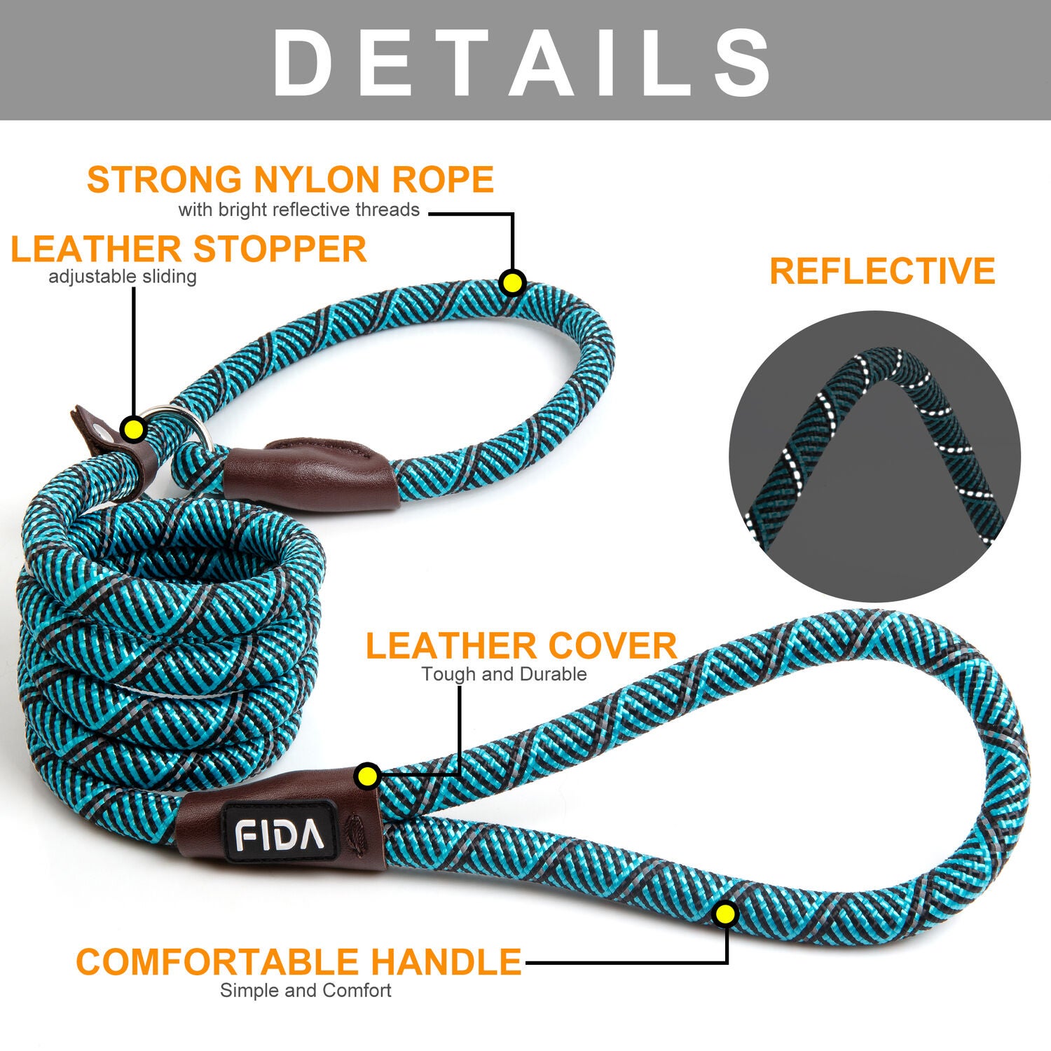Fida Pet Slip Rope Training Dog Leash, Blue, 6-Ft