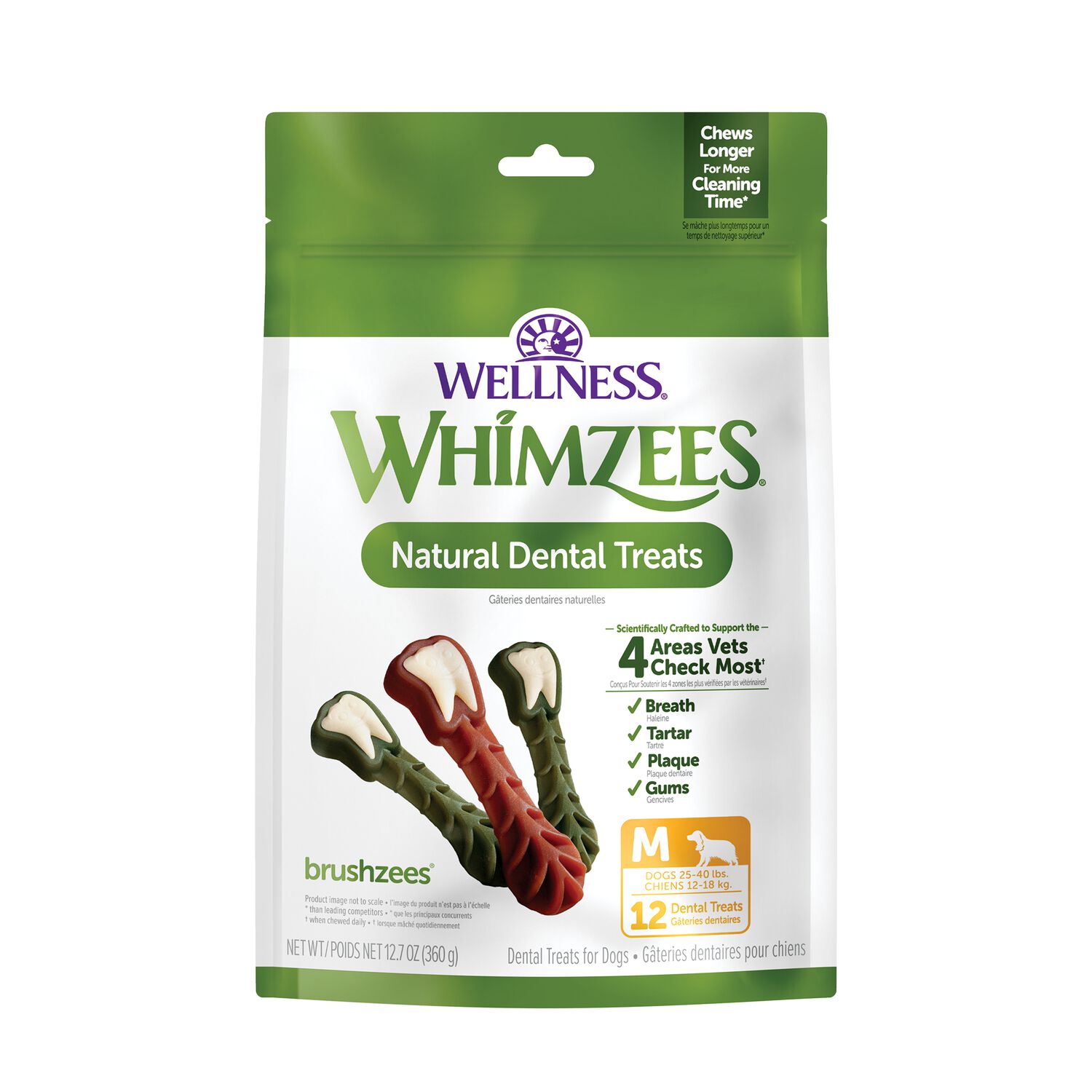 Whimzees Brushzees Natural Grain-Free Dental Dog Treats, Medium, 12 Count